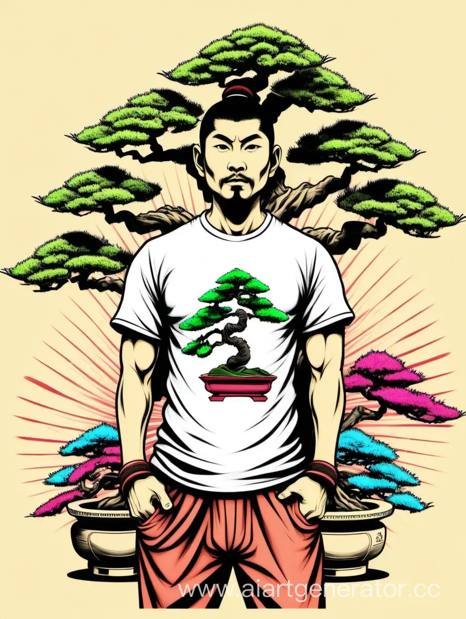 Japanese-Kung-Fu-Practitioner-with-Bonsai-Trees-and-Colorful-Tshirt-Design