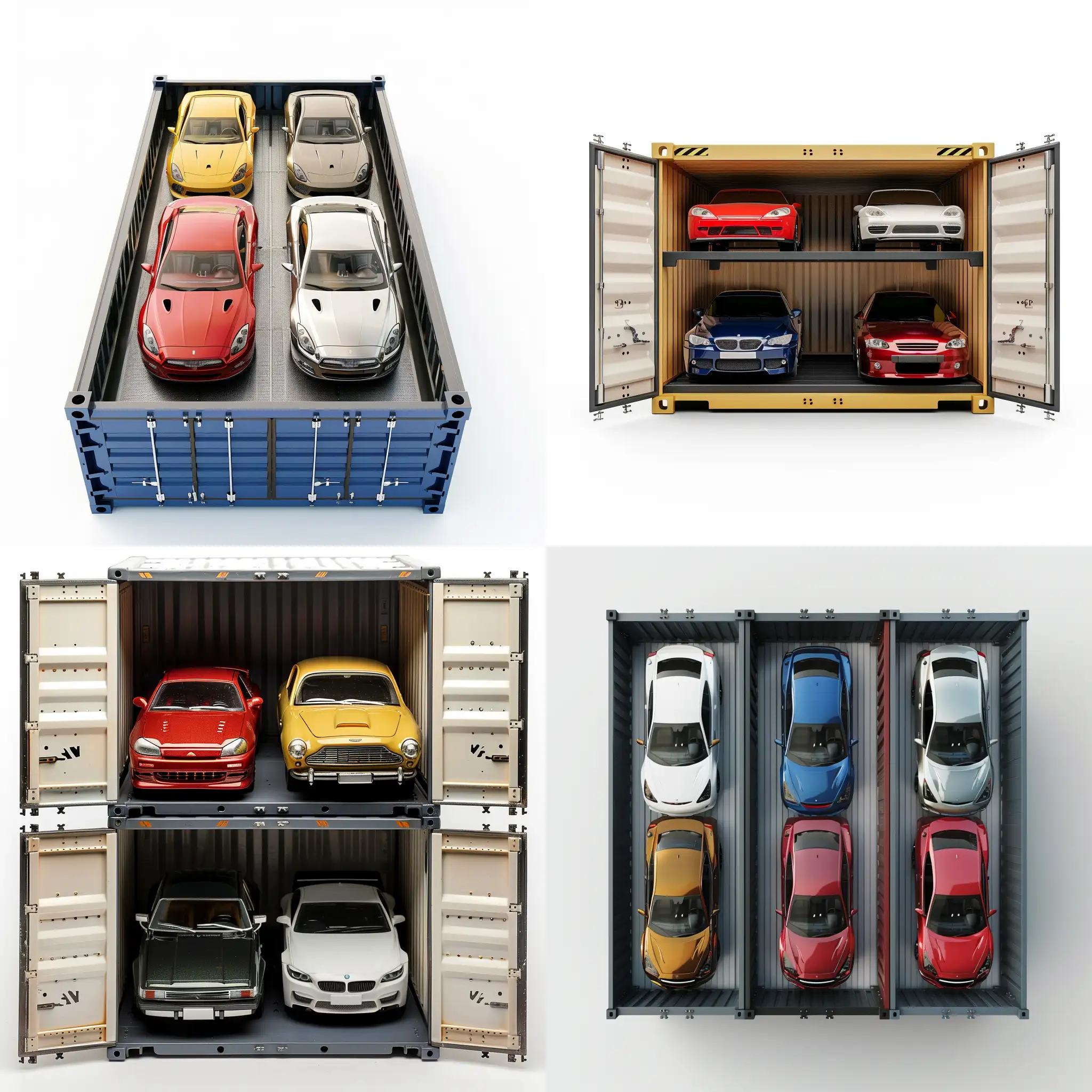 four cars loaded perfect in one container on white background