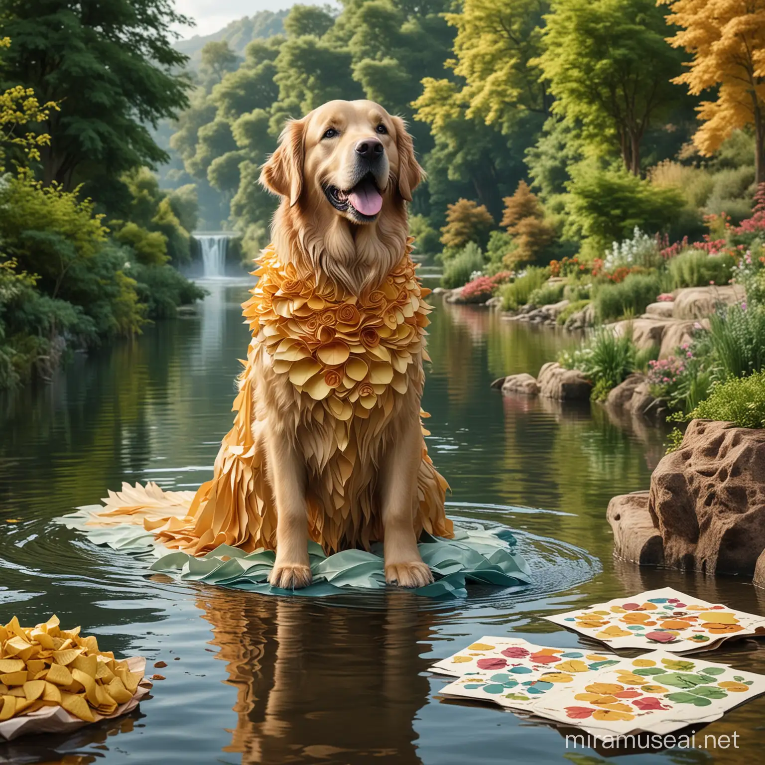 a big realistic beautiful golden retriever is made up of paper, paper shape and colors on the mermaid face standing near a lush river which should look like wonderland, tables made-up of pure chocolate, macaroni as trees which are pastel color, humans are in realistic modern gowns. town should look realistic and high detailed paper place