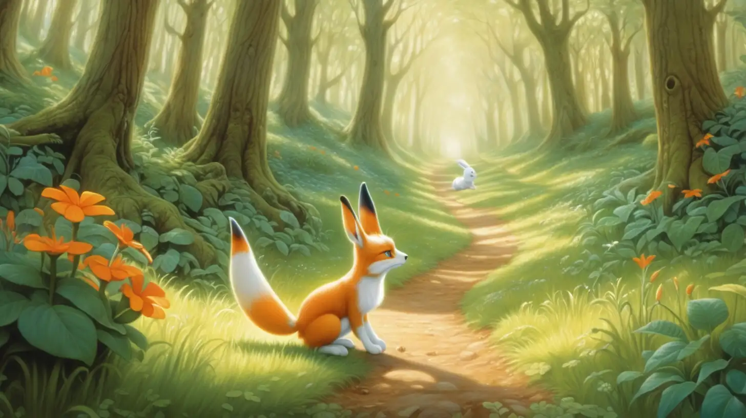 In the heart of the lush forest, the white little rabbit, crosses paths with a orange fox.