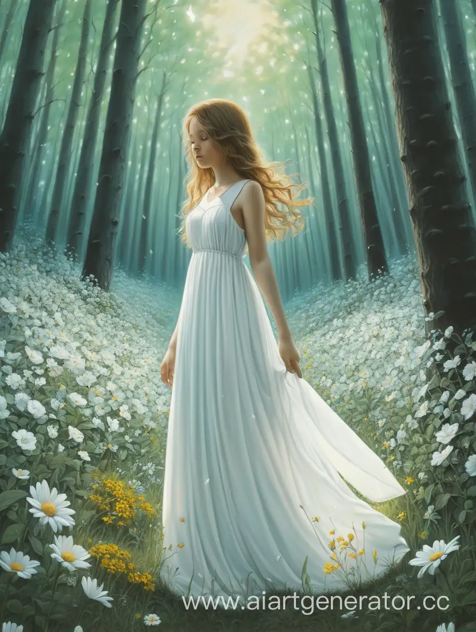 Enchanting-Forest-Scene-with-a-Girl-in-a-White-Dress-Amidst-Blooming-Flowers