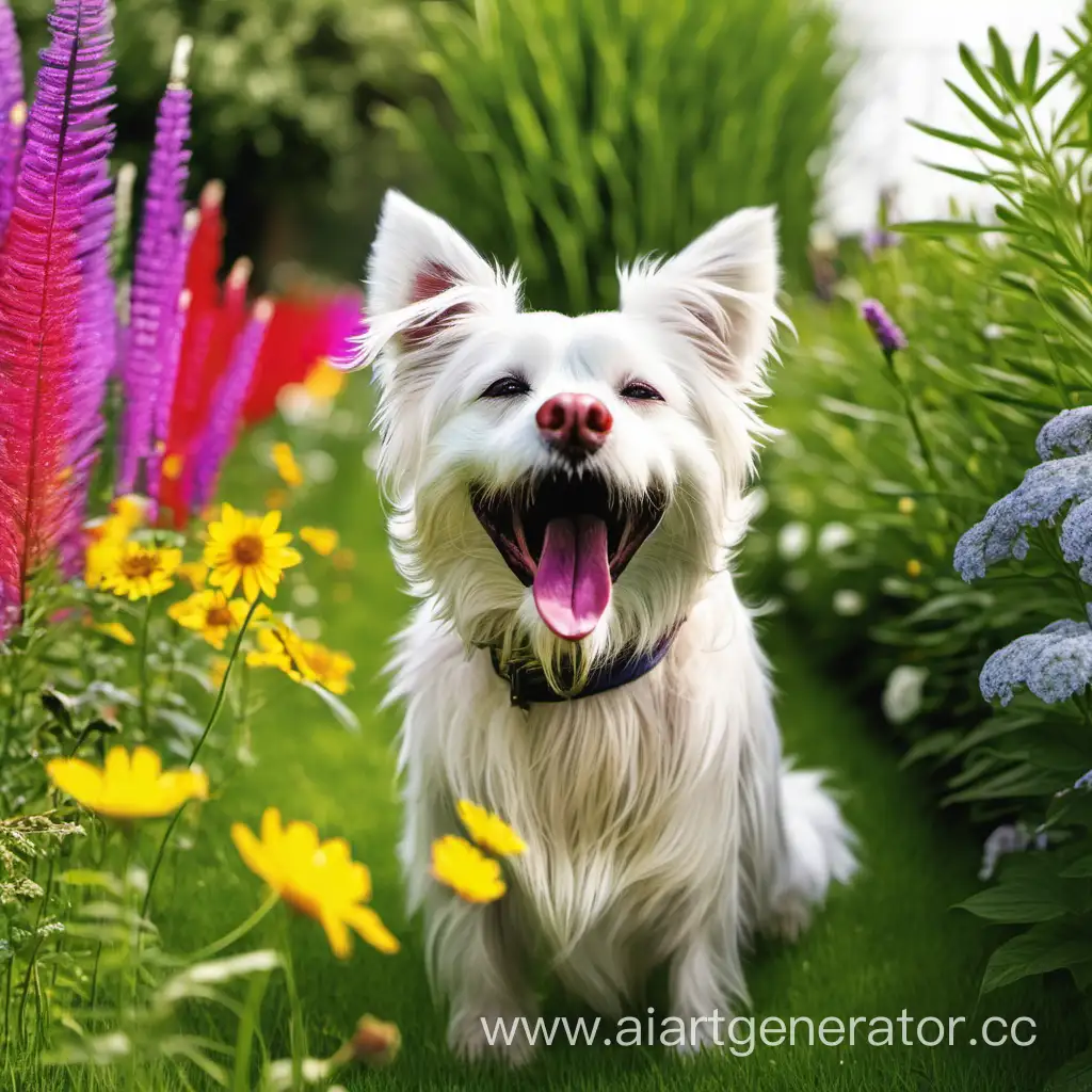 Счастливая собака в саду