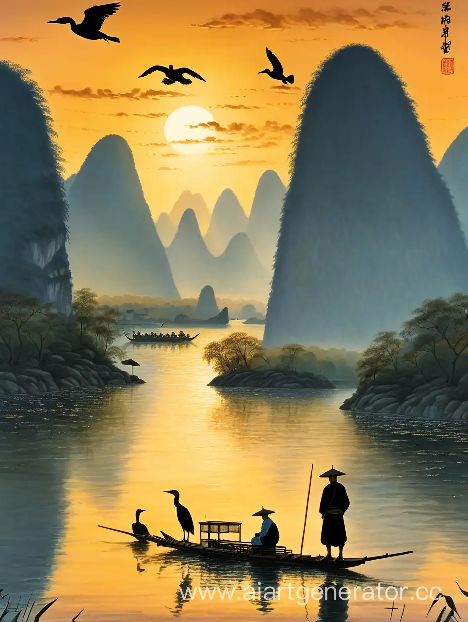 Under the sunset, an illustration of the boatman and cormorant in front of the Guilin landscape
