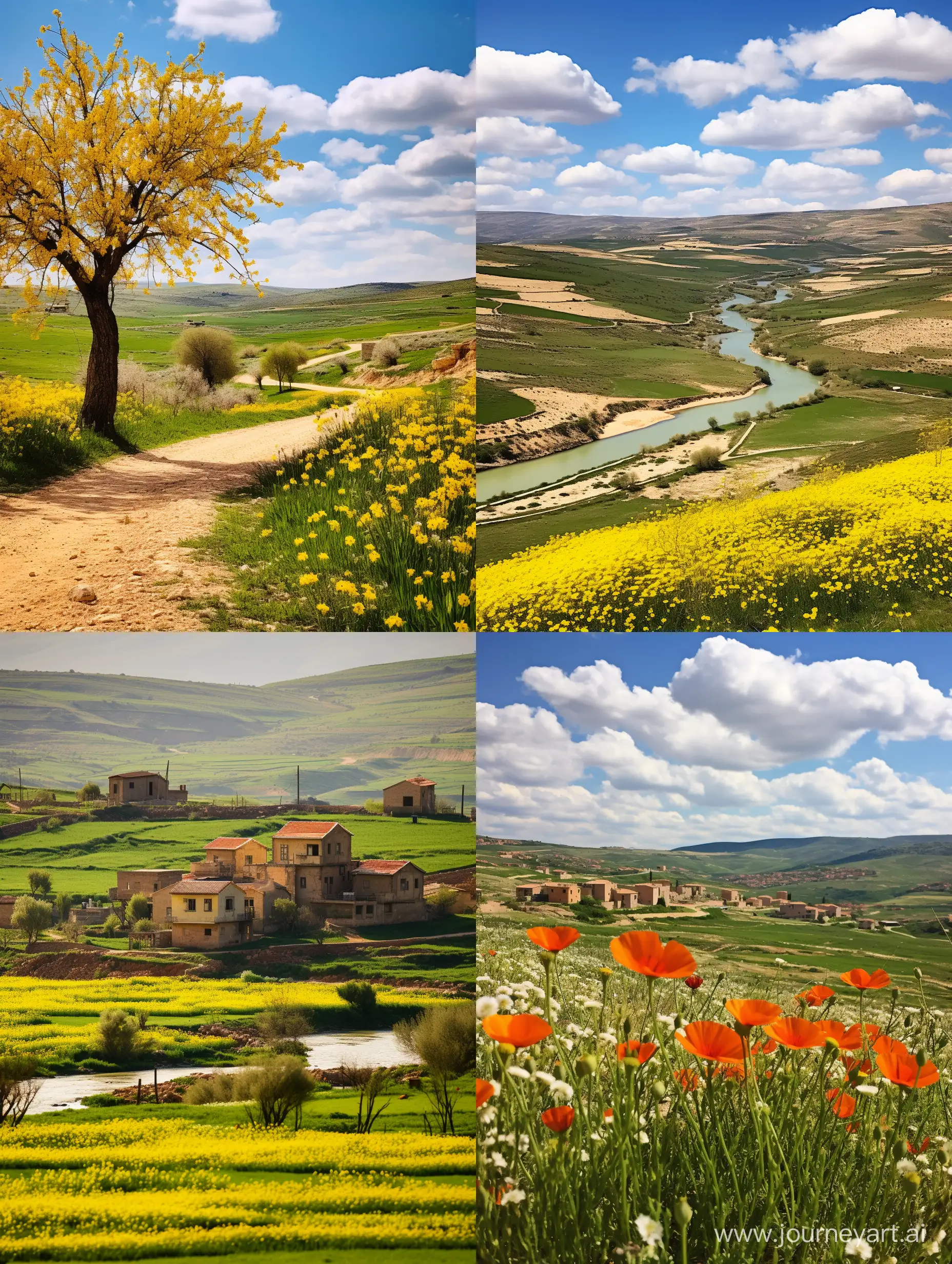 الريف الفلسطيني حيث تتجلى السهول الخضراء الممتدة والحقول الملونة بزهور الربيع. يتخللها أنهار وعيون تضفي جمالاً طبيعياً، وتتناغم مع الزراعة المتنوعة، وخاصة الزيتون، الذي يمثل جزءاً لا يتجزأ من هويته. تتناغم أشجار الزيتون مع البساتين المتناثرة، ويزين المشهد بيوت ريفية تعبر عن التراث والبساطة، فيما يعكس هدوء الحياة في الريف الفلسطيني توازناً رائعاً بين الطبيعة والثقافة