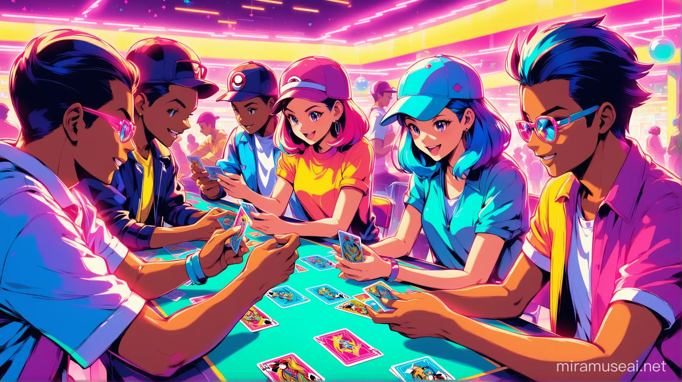 People playing pokemon cards. Vibrant colors. Neon and Retro vibes.