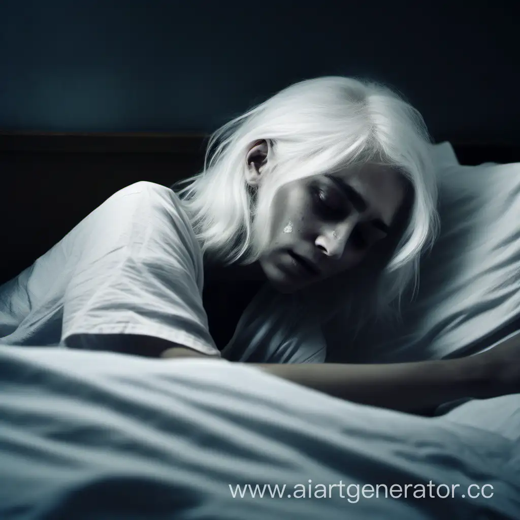 девушка с белыми волосами умирает в кровати. в комнате темно. её лица не видно 