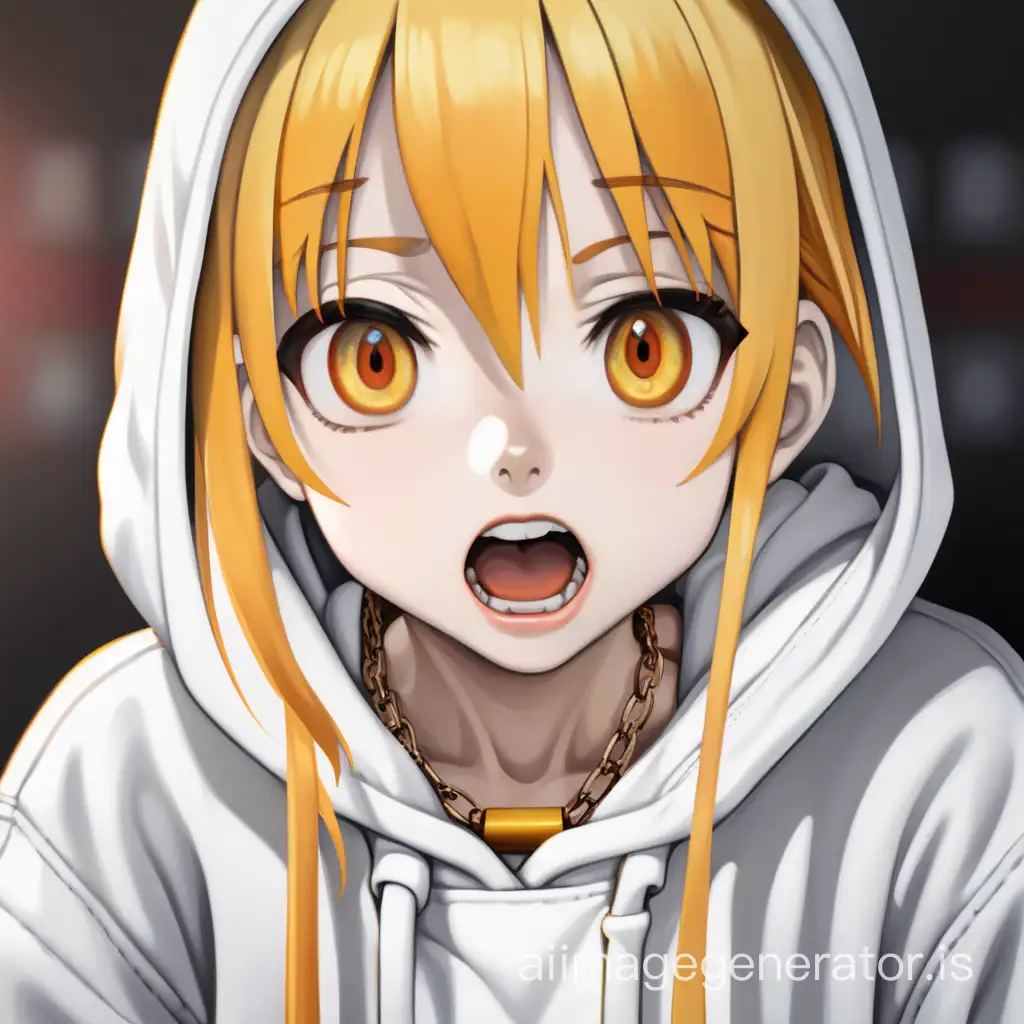 Girl, young, wearing white hoodie, yellow hair, and orange eyes, with necklace, and shock face, anime, realistic, mouth open