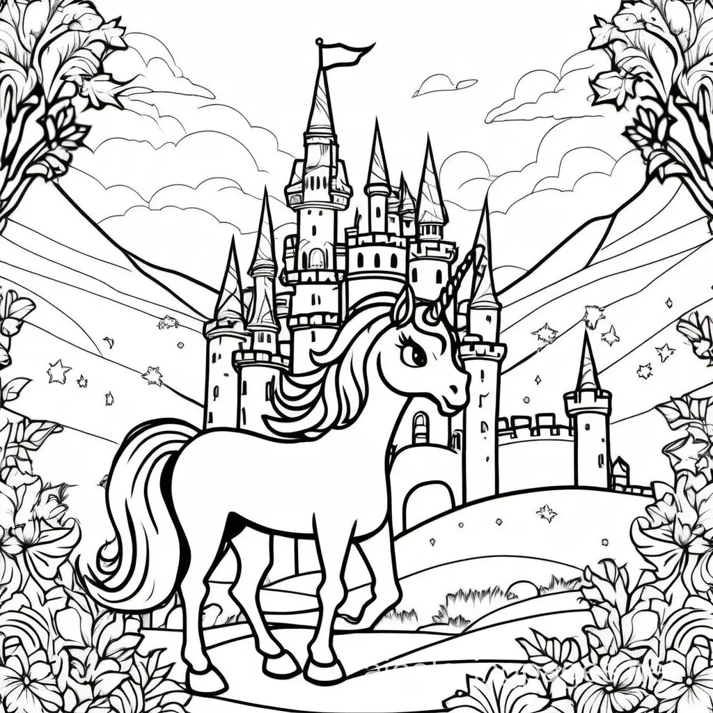 a unicorn and a delicate castle, Coloring Page, black and white, line art, white background, Simplicity, Ample White Space. The background of the coloring page is plain white to make it easy for young children to color within the lines. The outlines of all the subjects are easy to distinguish, making it simple for kids to color without too much difficulty