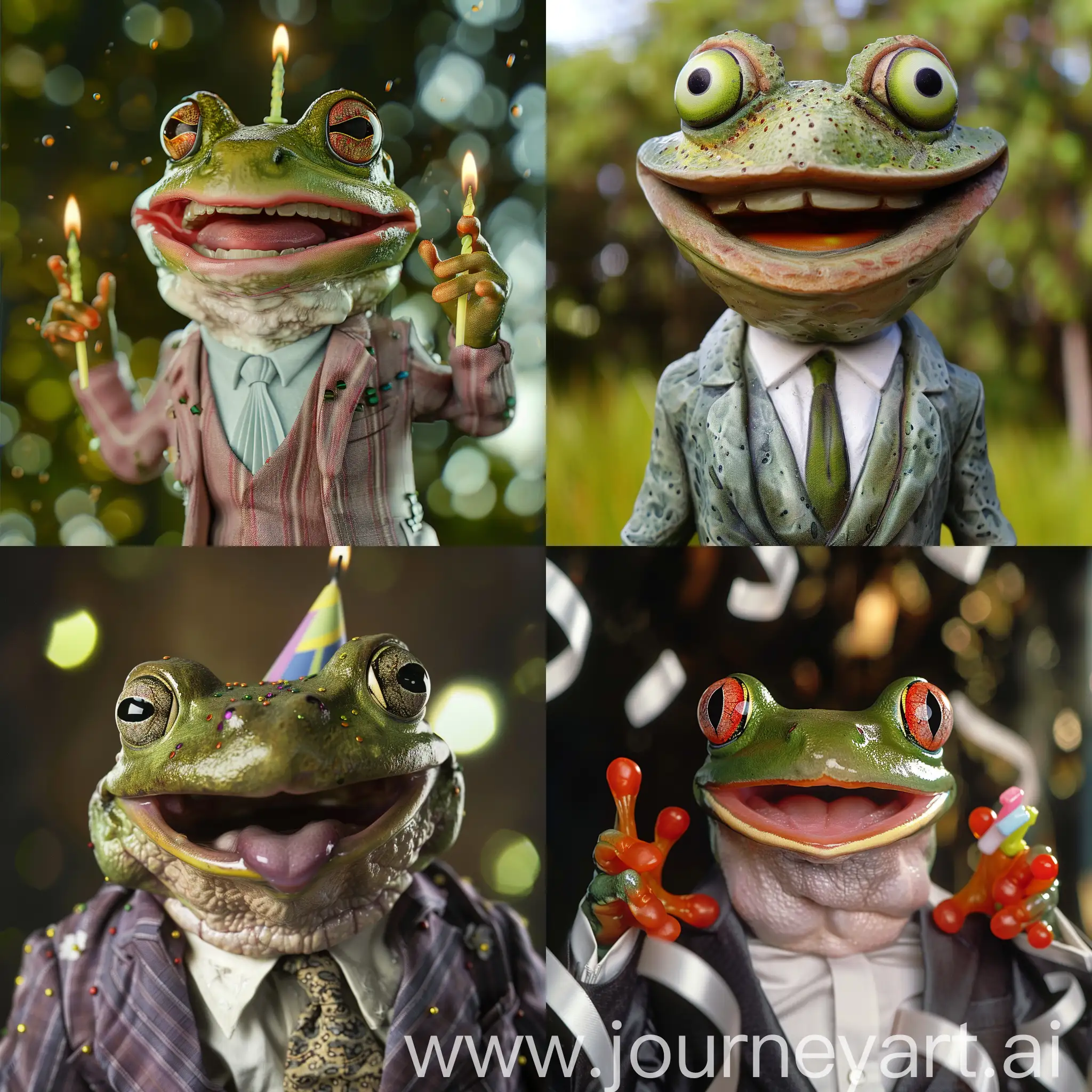 Crazy frog that celebrates  birthday, big smile, in a suit
