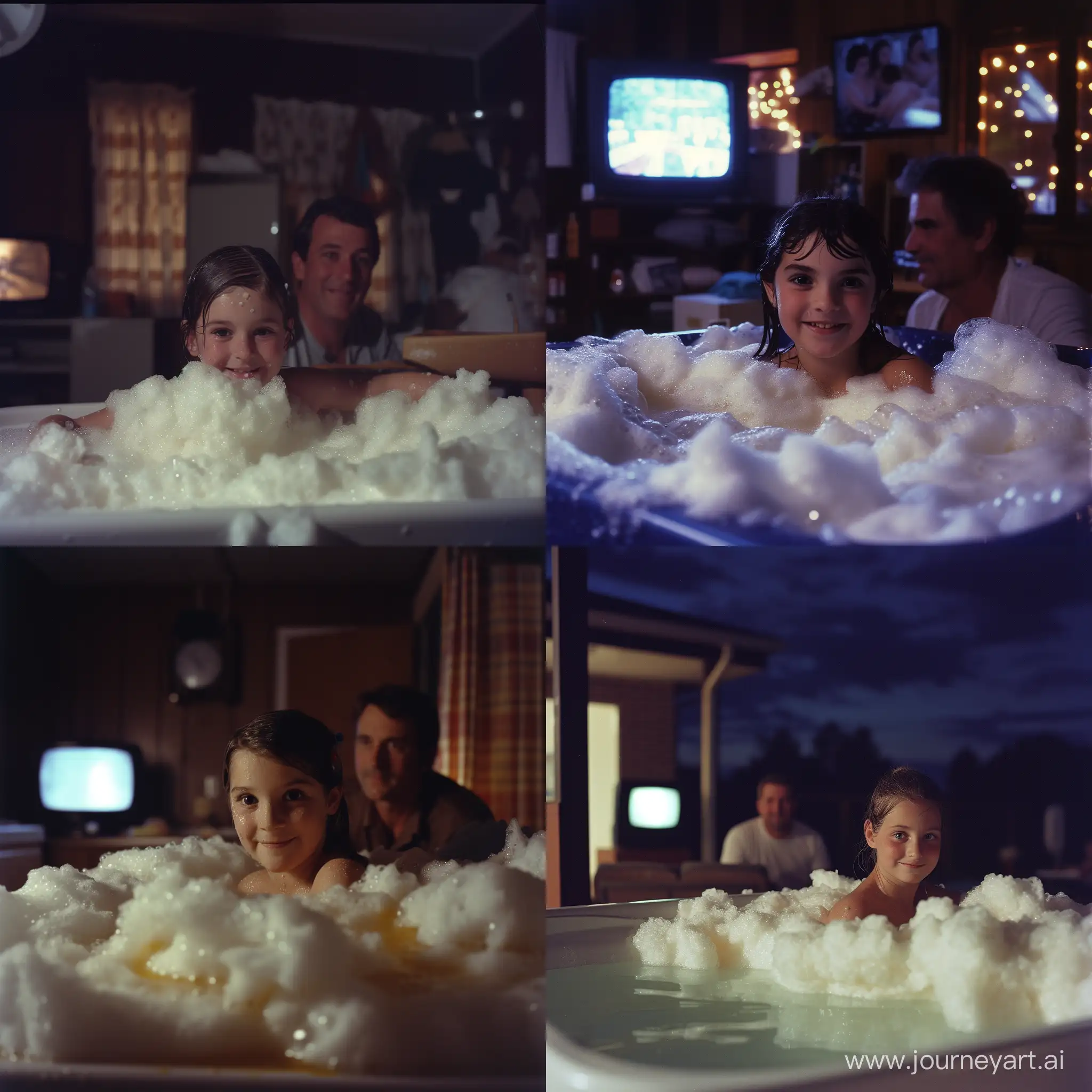 Nighttime-Bath-Fun-Tween-Girl-in-Foamy-Tub-with-Dad