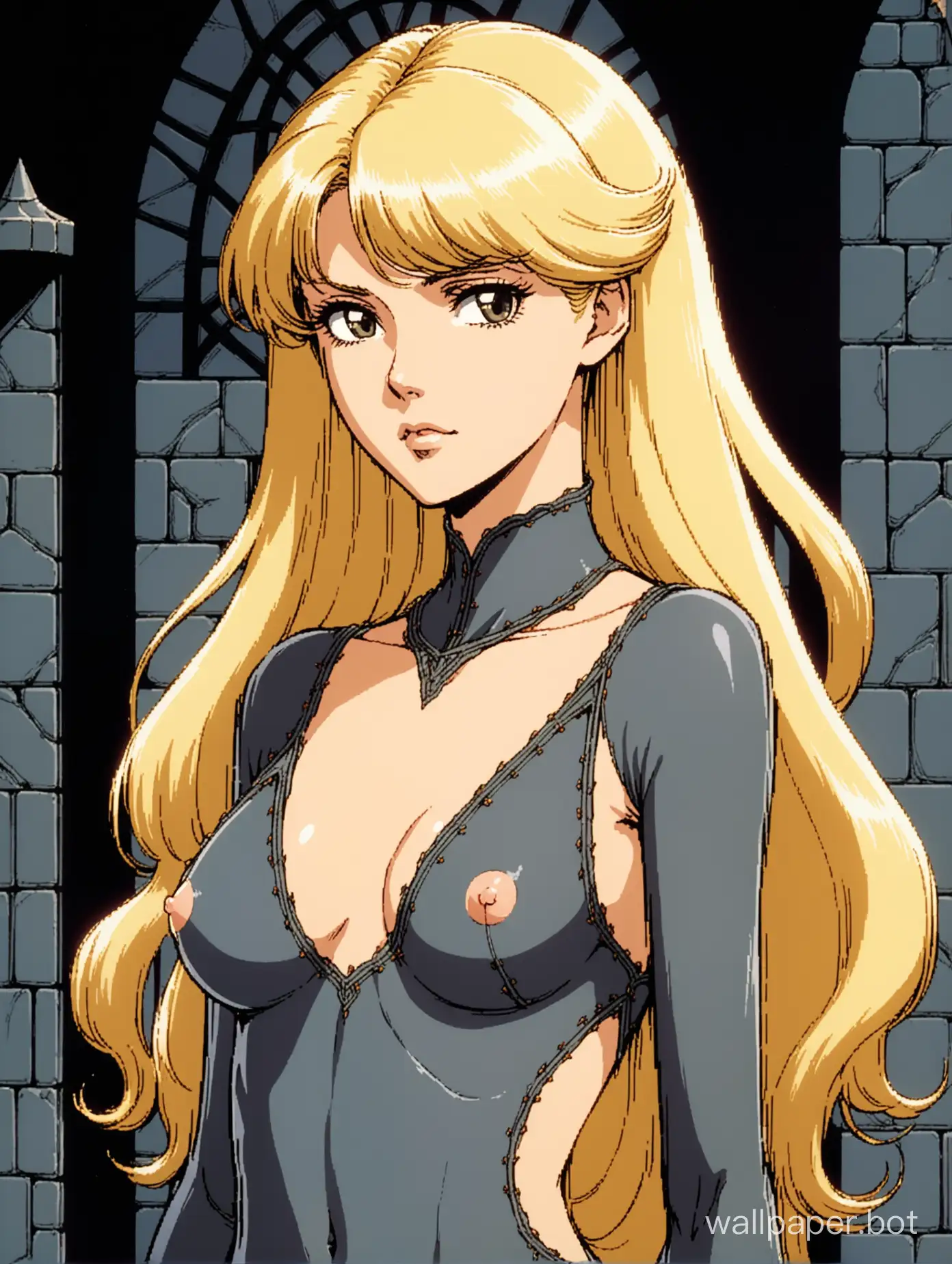 a young and attractive white woman, she has long wavy white-blonde hair, standing regally, elegant and slender, thin sharp face, kind and sullen expression, wearing a sheer thin dark grey skintight dress, nipple windows, her nipples are exposed, visible nipples, decorative stitching, medieval elegance, 1980s retro anime