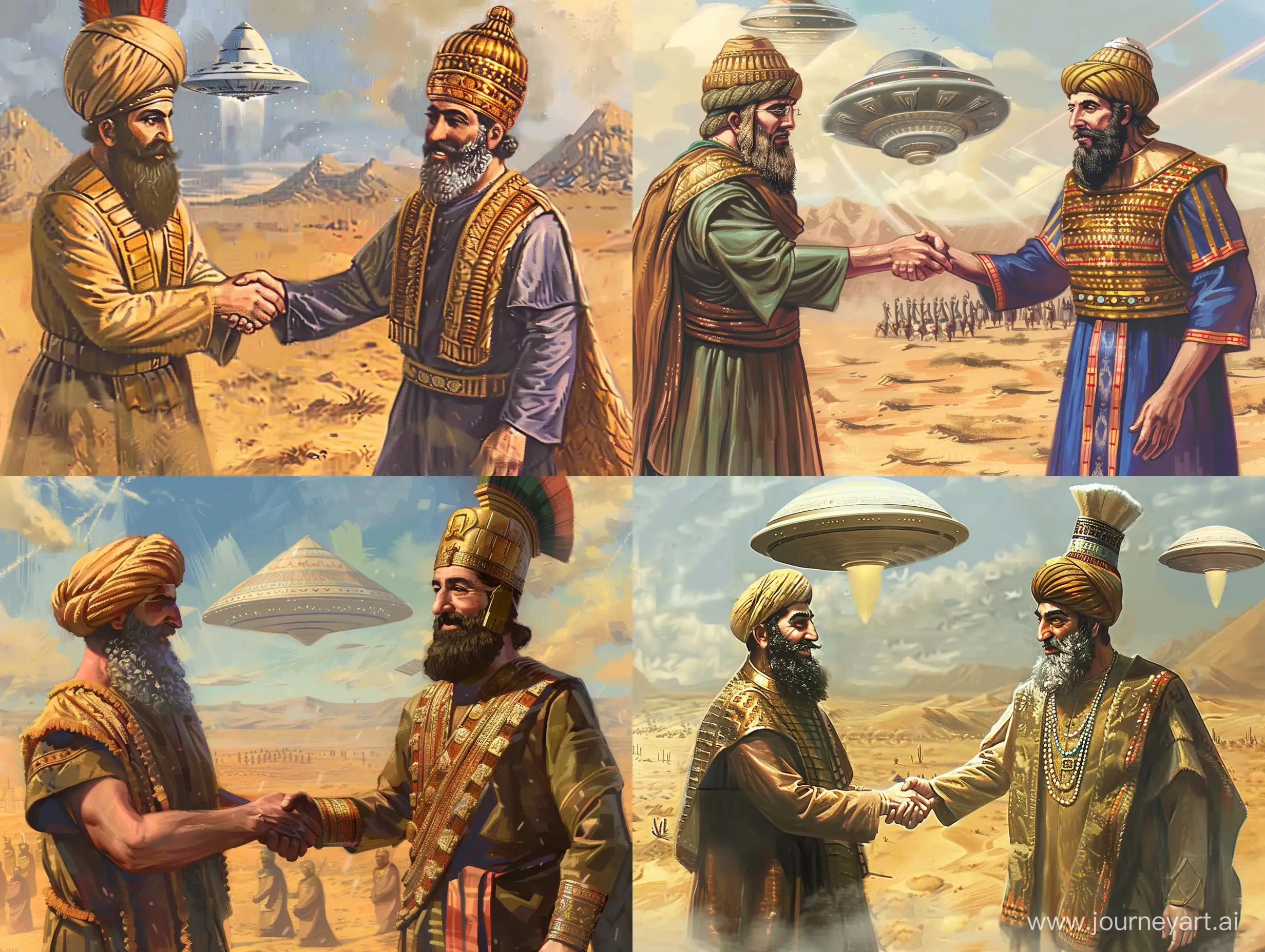 cyrus the great achaemenid empire is shaking Nader Shah Afshar hands and both are smiling, in a desert,lofi,ufos are in  background is trying to flying to space,--q2,--ar7:4