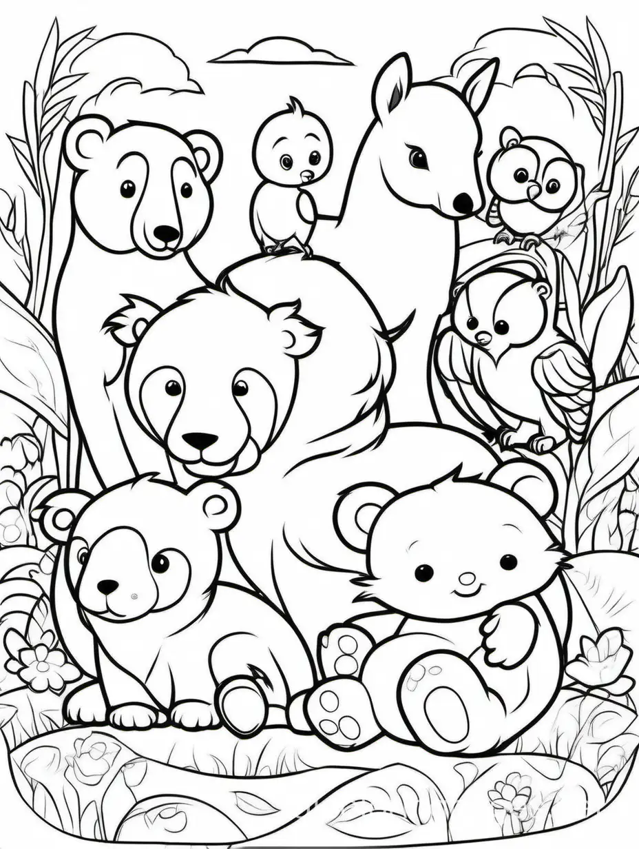Cute Animals & Their Babies , Coloring Page, black and white, line art, white background, Simplicity, Ample White Space. The background of the coloring page is plain white to make it easy for young children to color within the lines. The outlines of all the subjects are easy to distinguish, making it simple for kids to color without too much difficulty