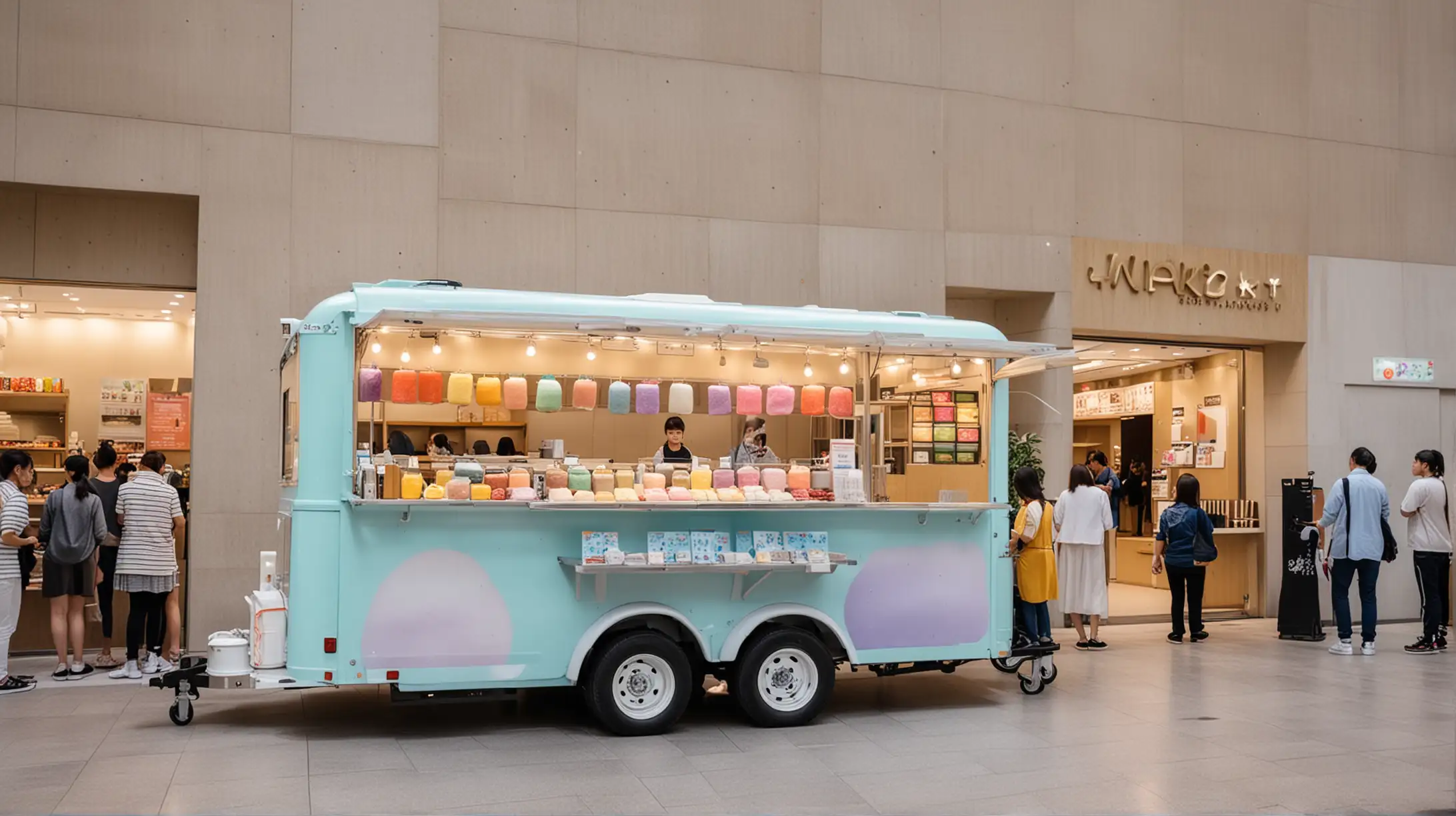 a food truck selling various color of Japanese mochi, located at the lobby of a shopping mall