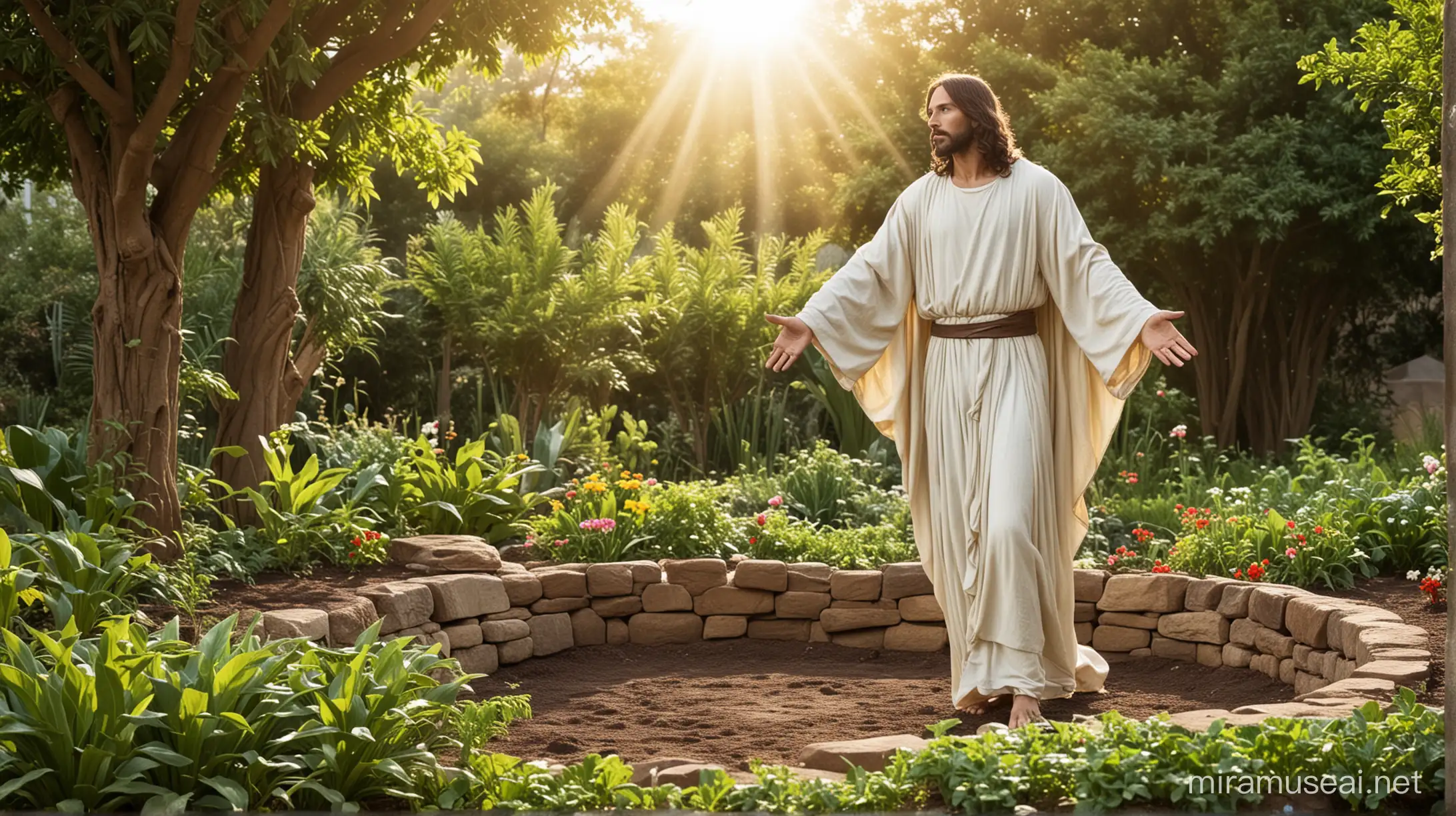 Risen Jesus Christ in garden 
