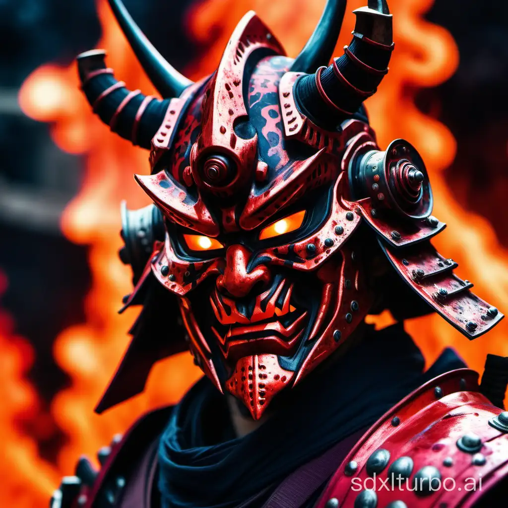 a close up fiery photo of oni masked ronin with cyber galactic samurai helmet in hell background