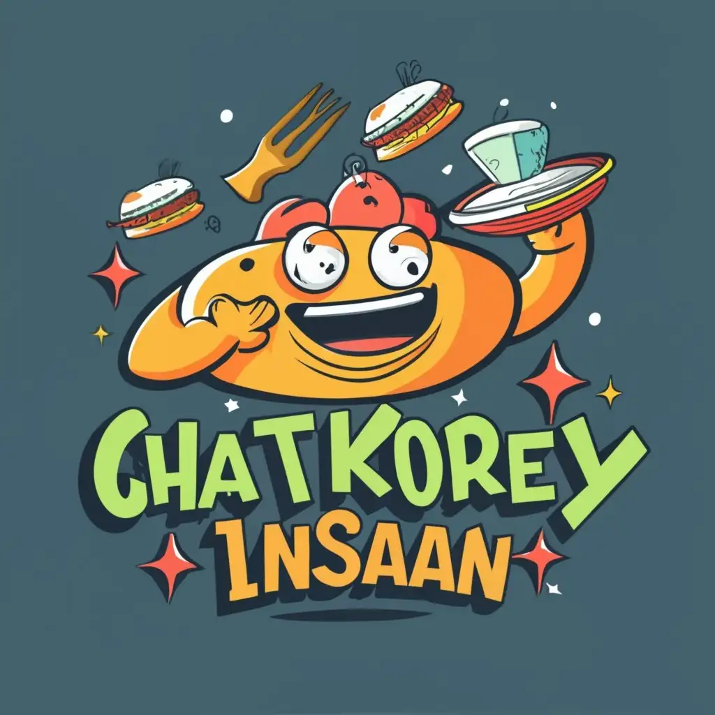 logo, Cartoon eating food with funny face and laughter, with the text "Chatkorey Insaan", typography, be used in Restaurant industry