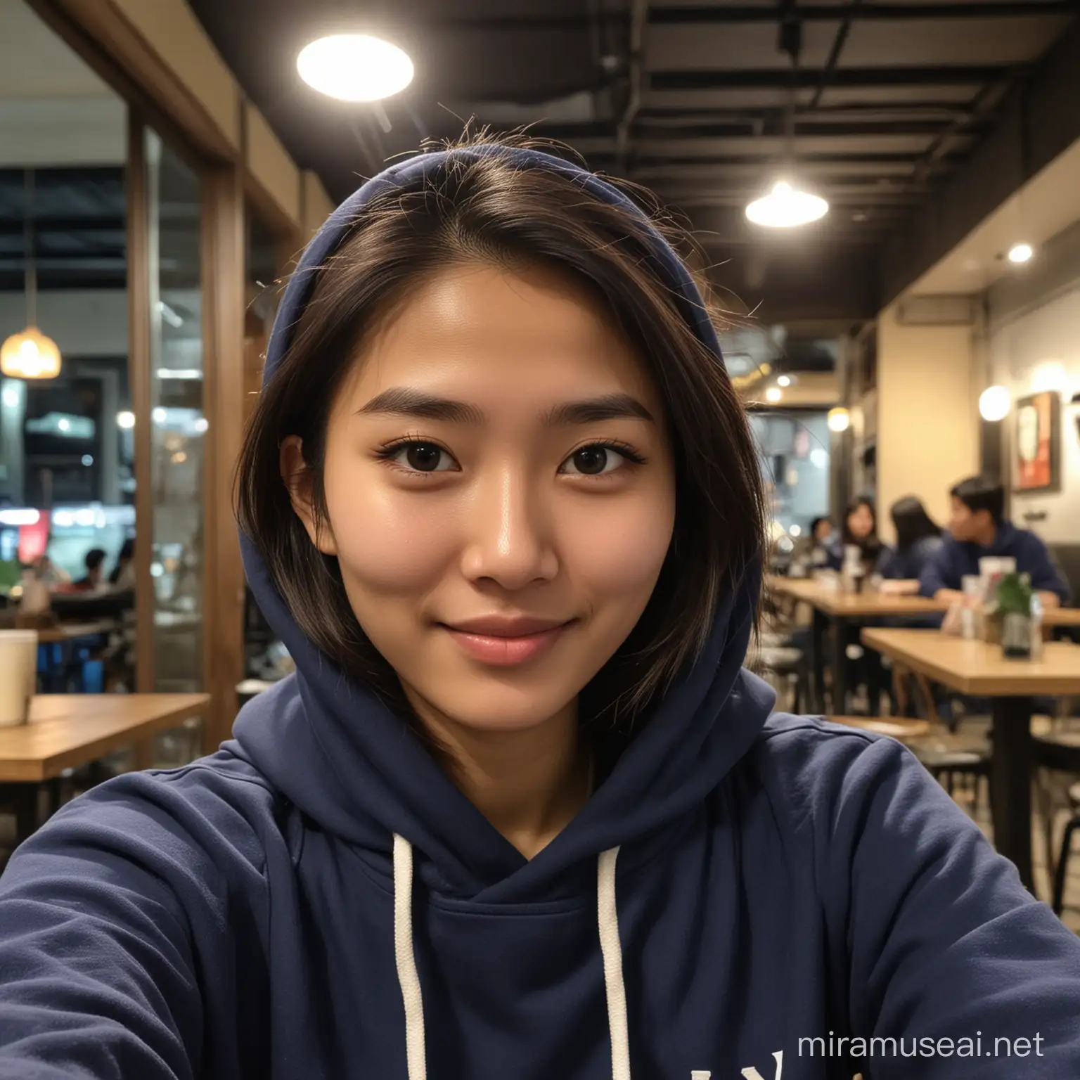 An Indonesian woman wearing contemporary clothes, 21 years old, is sitting for a selfie with a 22 year old Chinese man wearing a navy hoodie, in the background of an indoor cafe at night.