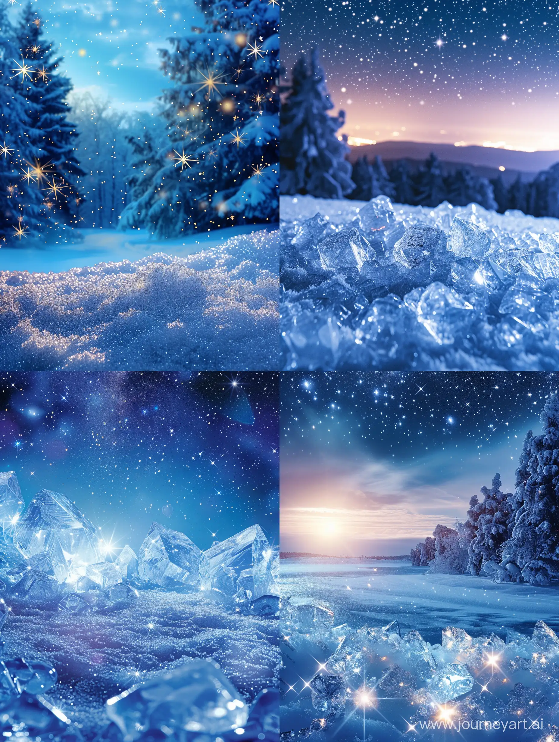 闪闪发光的冰主题2024与白雪皑皑的冬季景观相映成趣，象征着新年。夜晚、星星、灯光效果
