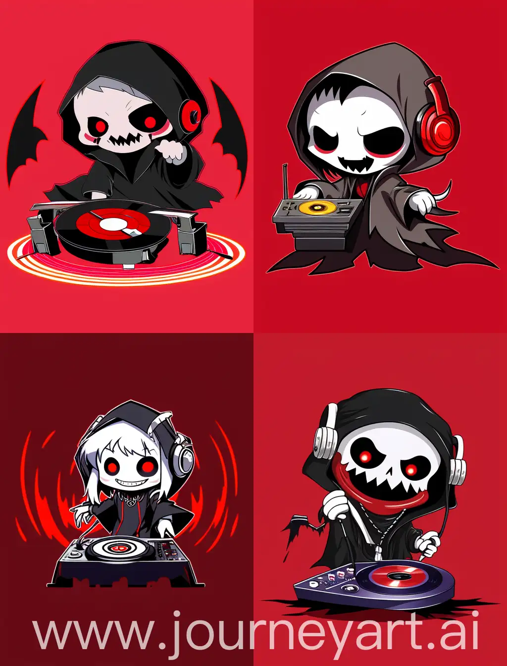 laughing chibi anime grim reaper playing dj, cartoon anime style, with strong lines, with red solid background