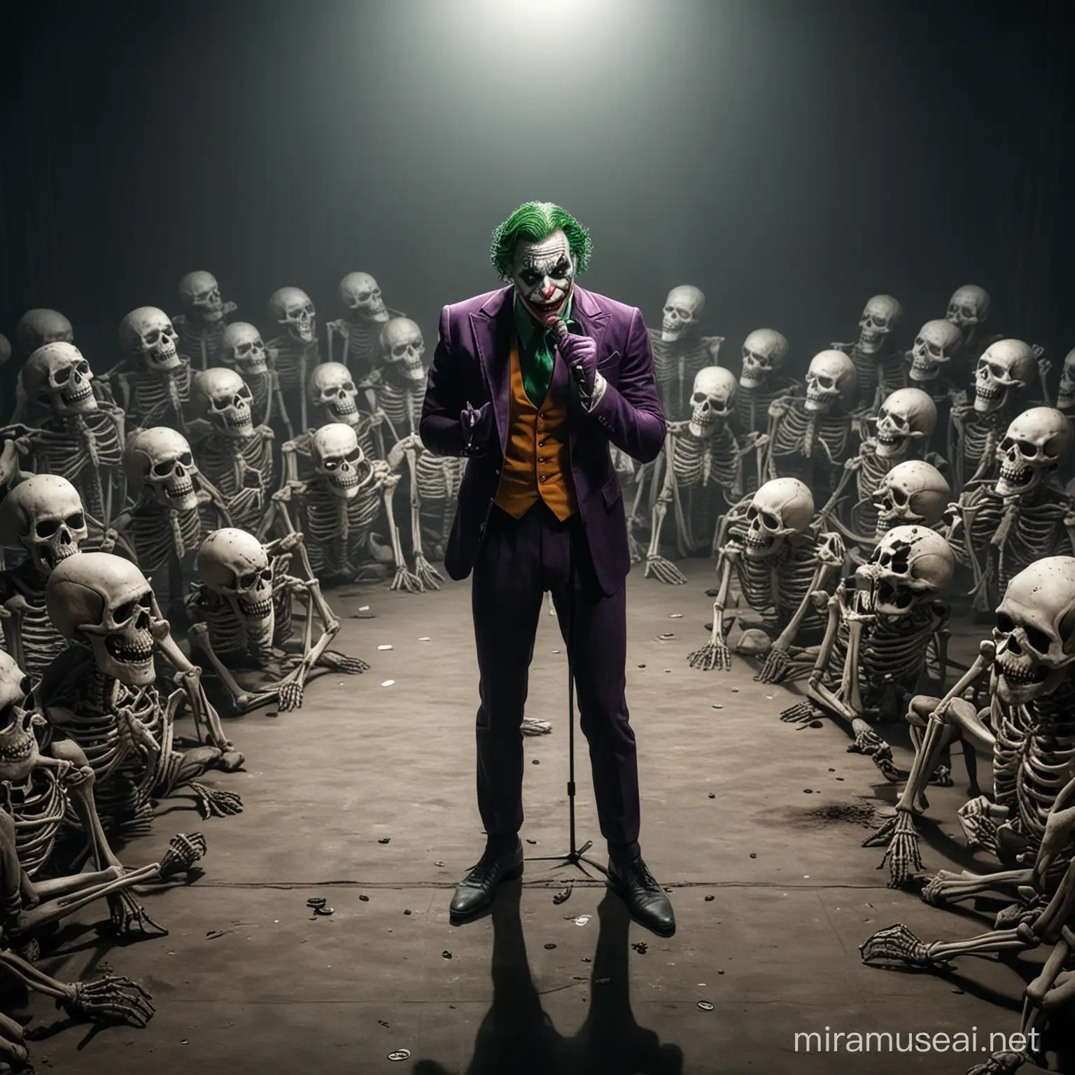 cartoonish joker superhero trying to do stand up comedy in a stage with high angle camera infront of skeletons but he is not funny and he is sad and feeling dead inside
