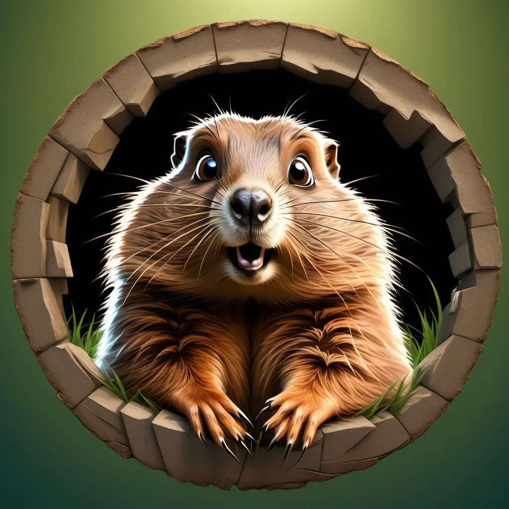 Create a cartoon image a ground hog with big eyes within a circular frame with his head popping up and his paws overlapping the bottom of the from