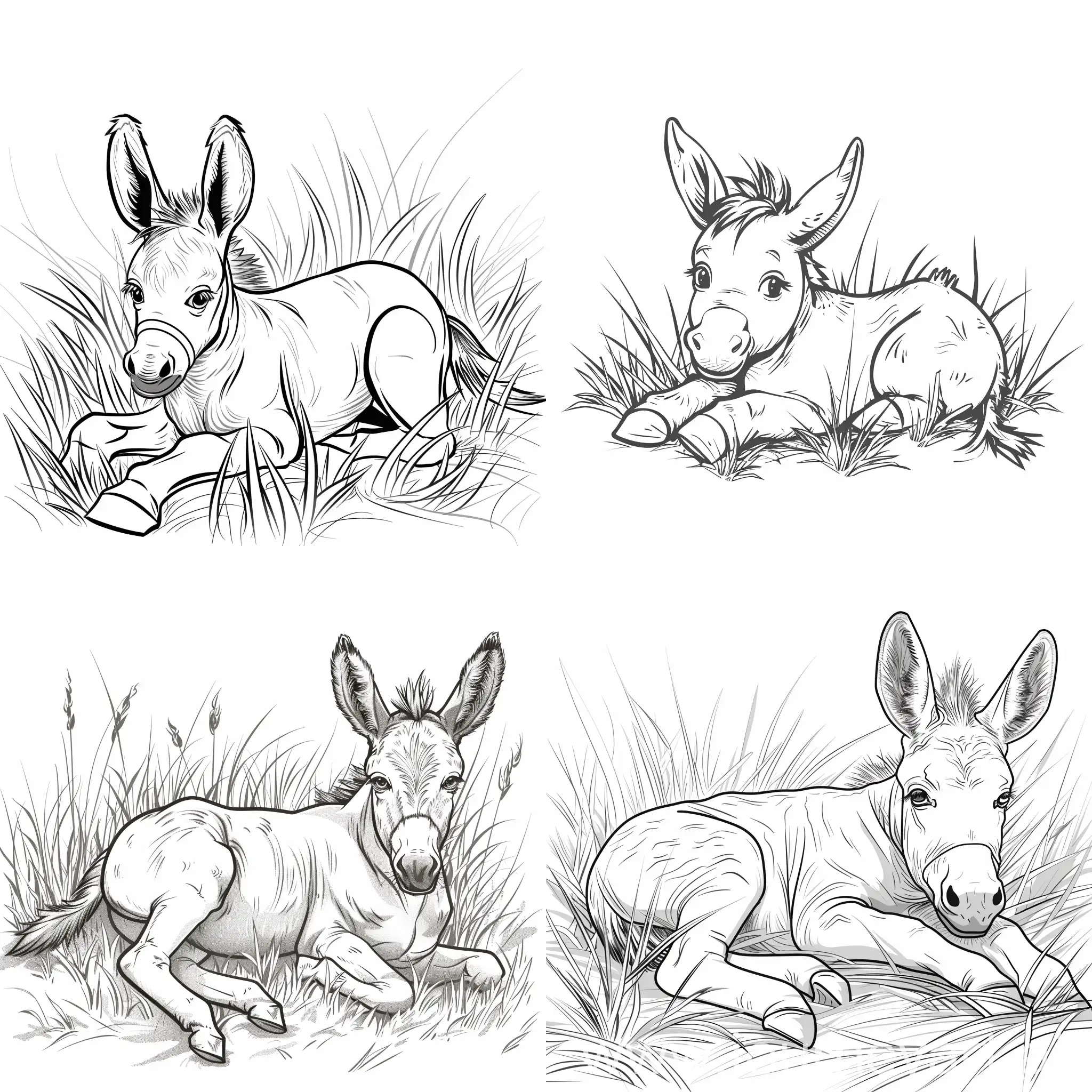 Dibujo de un burro lindo y sencillo echado en el pasto para libro de colorear de niños pequeños, sin escalas de grises en una hoja blanca con fondo liso sin dibujos