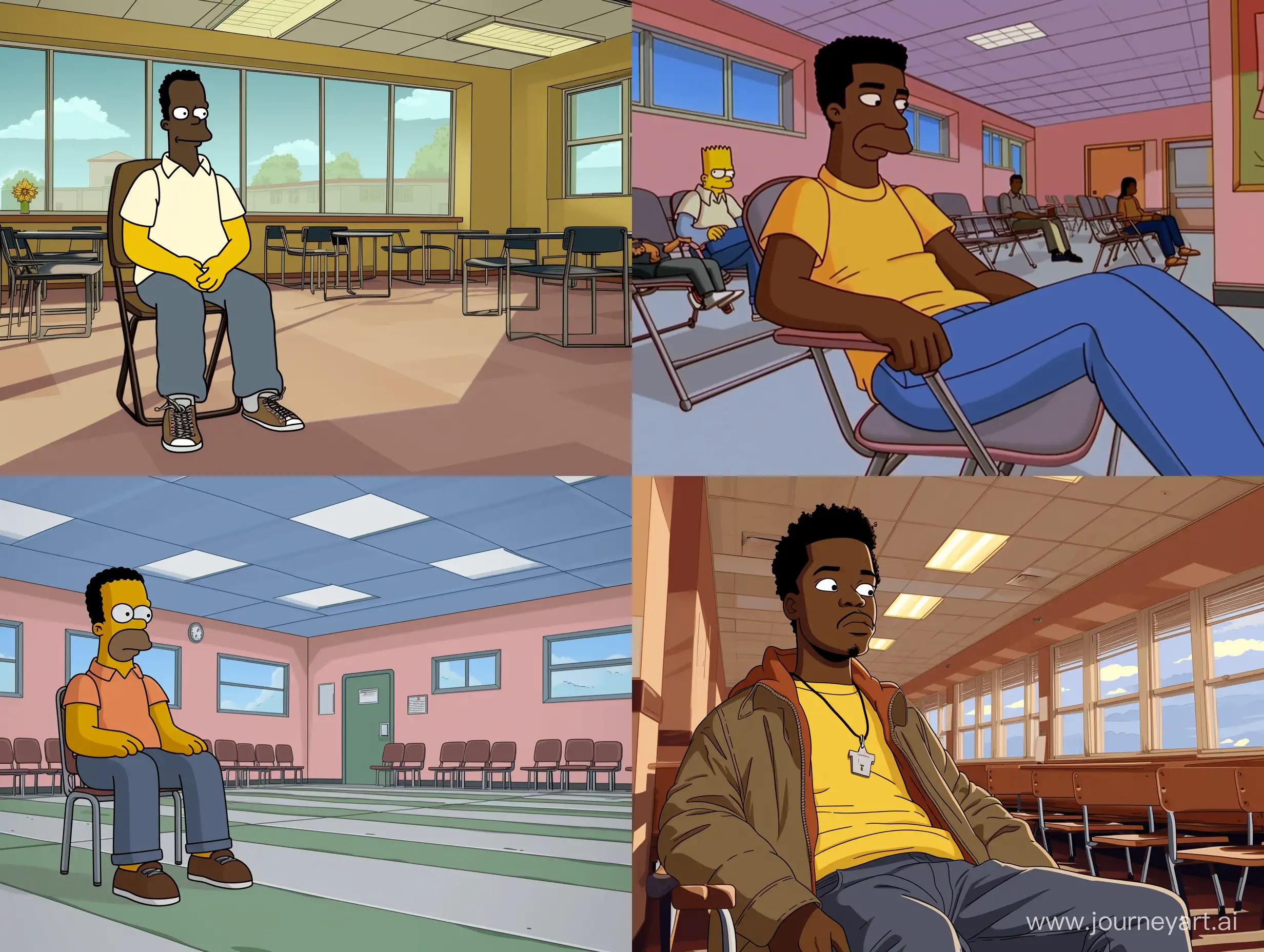 a Simpsons still, a black man seated in his chair at high school, visuals,

