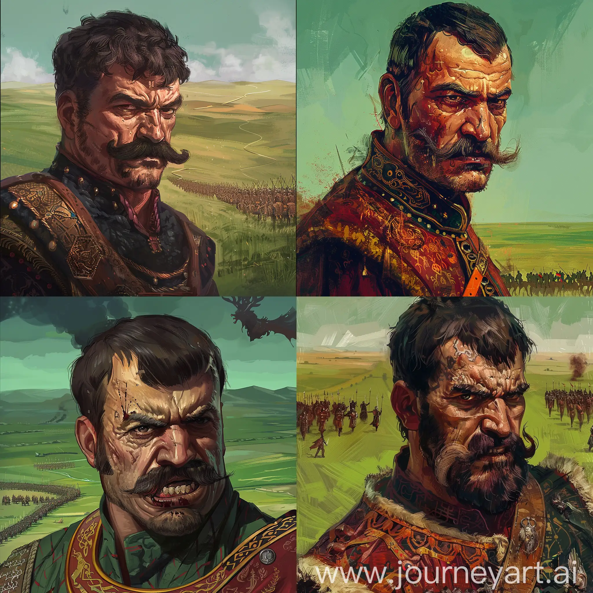 An image of a Qazalbash soldier with a flint mustache and an angry image of Shah Ismail's Safavid army, attention to detail, a green plain background