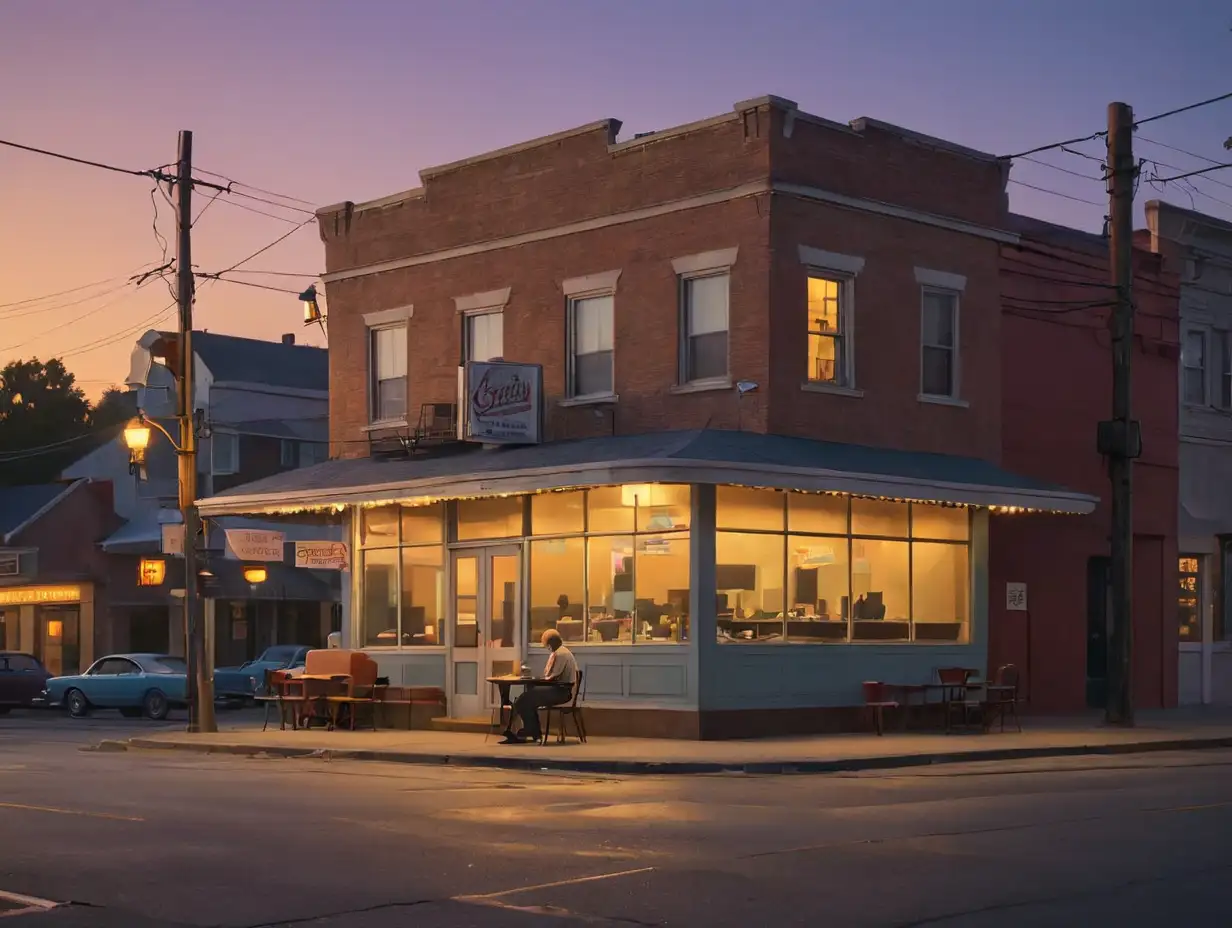 Imagine a scene at dusk in a small American town during the early 20th century. The setting is a quiet, nearly empty street with a vintage diner at one corner, its large windows casting a warm, inviting glow onto the sidewalk. The diner's interior reveals a lone figure seated at the counter, lost in thought. Outside, a vintage car parked under a streetlamp, which casts long, angular shadows across the scene. The colors are muted yet distinct, with rich blues and purples in the twilight sky contrasting with the warm yellows and oranges of the diner's lights. The overall mood is one of solitude and introspection, captured through Hopper's iconic use of sharp geometric shapes and the interplay between light and shadow."
