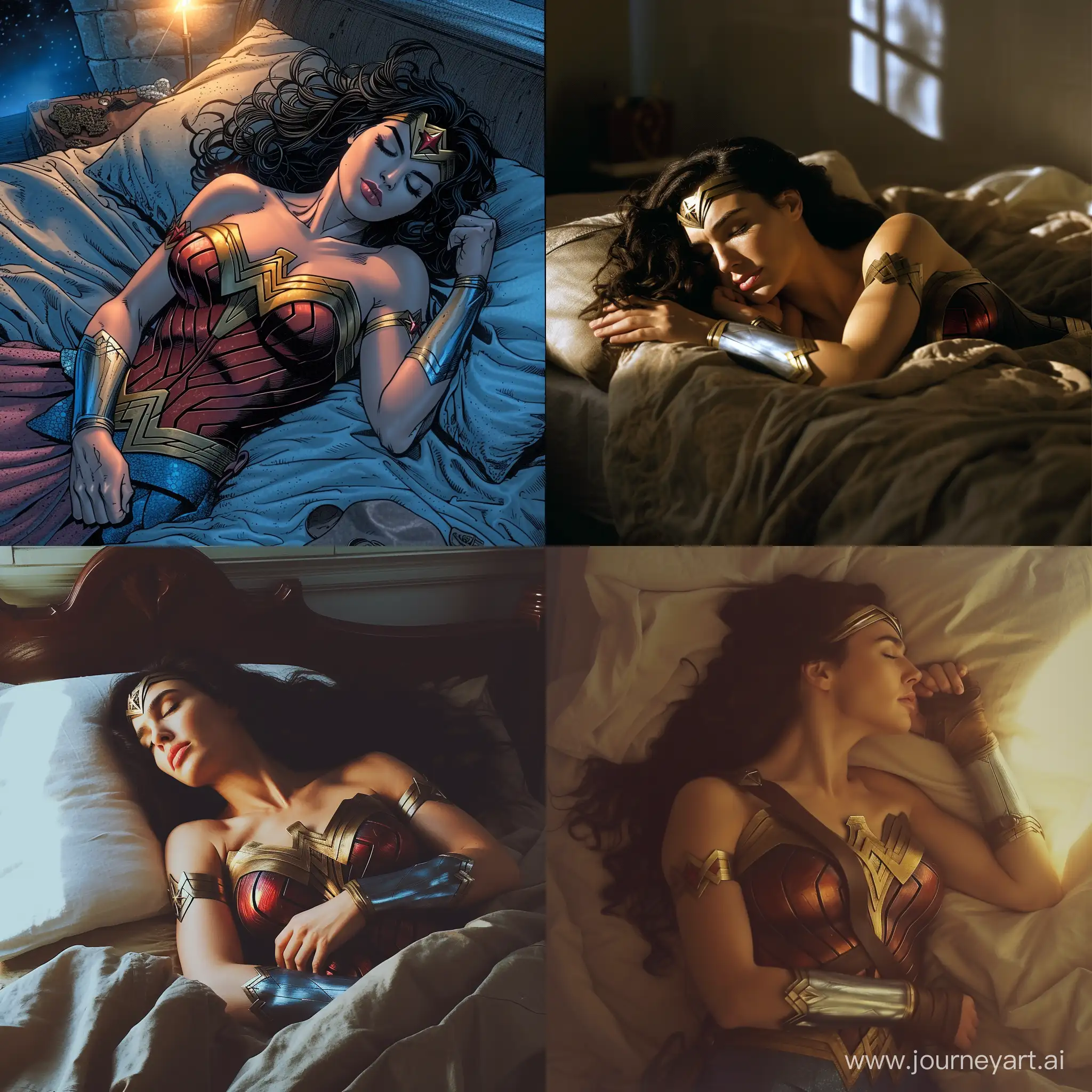 Wonder Woman sleeps in bed.