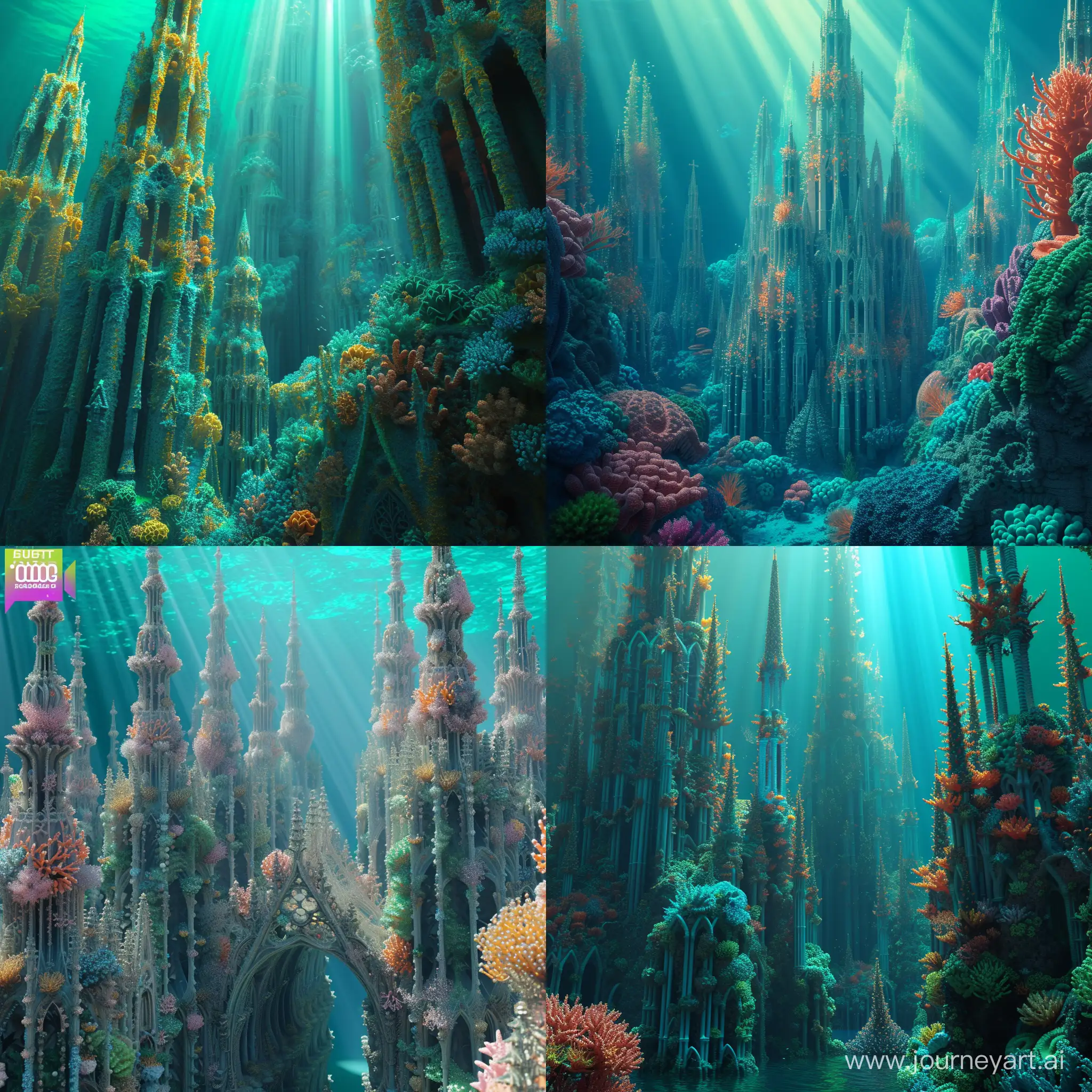 Craft a mesmerizing 3D underwater scene that presents an otherworldly architectural wonder. a cathedral made entirely of vibrant coral formations. The cathedral’s towering spires should mimic the elegance of Gothic architecture, while the coral adds an organic, surreal twist. Experiment with different hues of blues and greens to capture the underwater lighting, with beams of sunlight filtering through the water and illuminating the coral’s intricate textures. Let the scene evoke a sense of wonder and tranquility as if exploring a hidden aquatic realm
