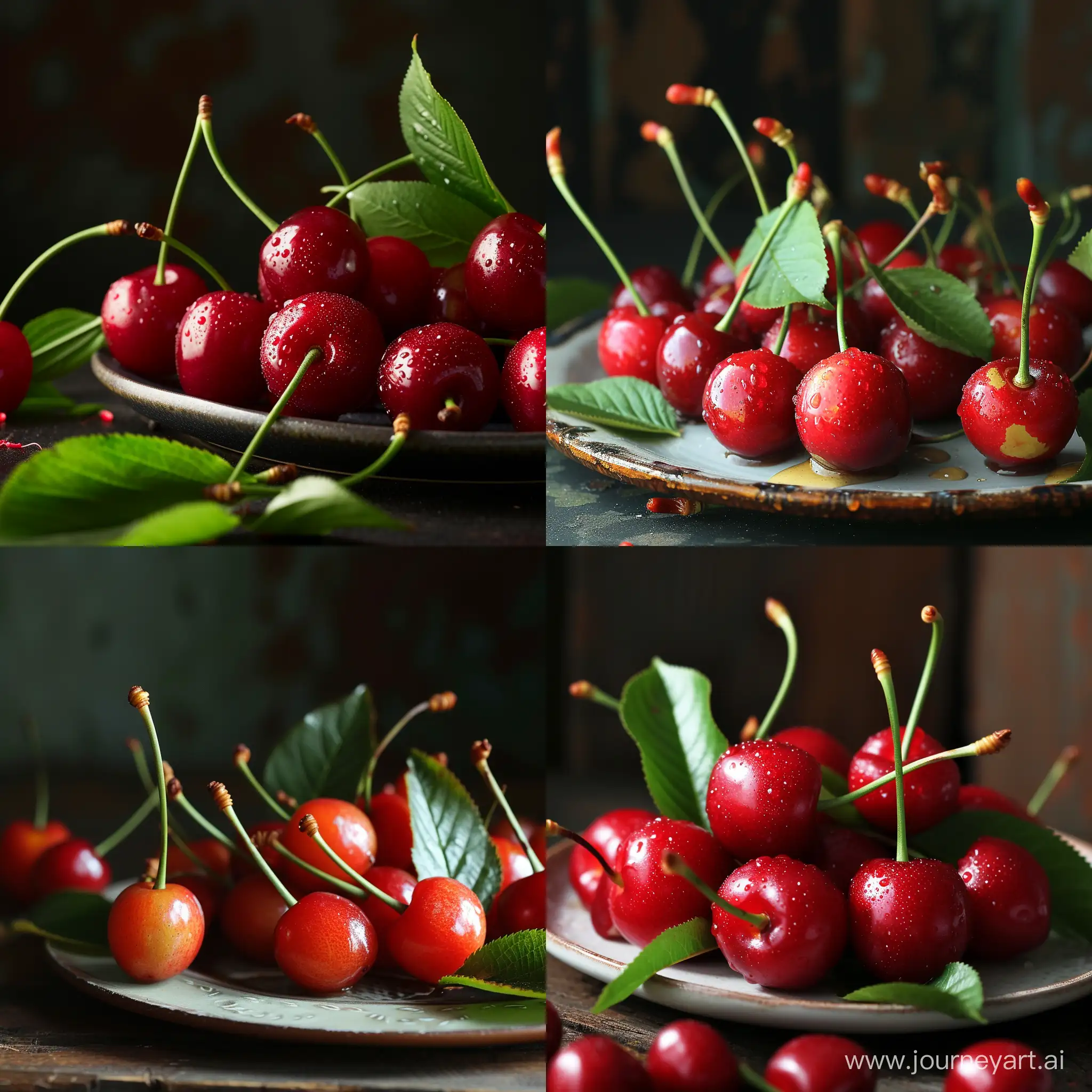 ягоды вишни с листиками на тарелке вид с боку