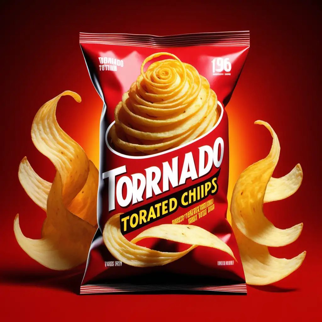  A design of a tornado potato chips package which is long in shape
, featuring a swirling tornado graphic engulfing potatoes, against a vibrant background suggesting flavor (spicy red, cheesy yellow). The packaging is cylindrical, mimicking a tornado's shape. Elements of energy and motion, with bold, dynamic typography for the brand name. Created Using: digital illustration, bold color contrast, dynamic composition, realism with a touch of abstraction, emphasis on texture to suggest crunchiness, matte finish, modern graphic design, hd quality, natural look --ar 1:2 --v 6.0