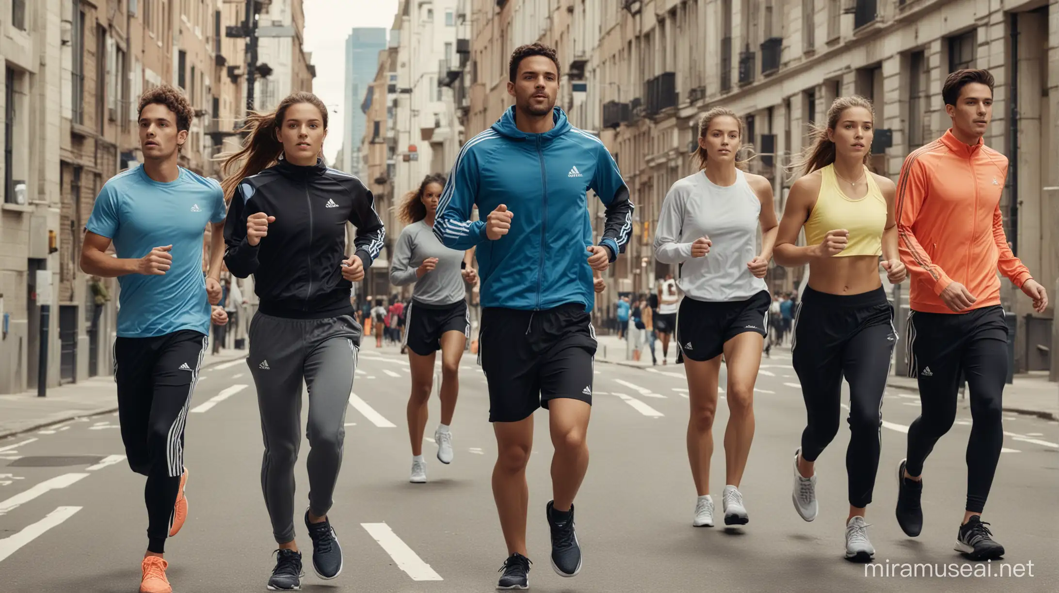 A group of 5 casual runners, 3 male and 2 female, wearing Adidas gear and running in the city
