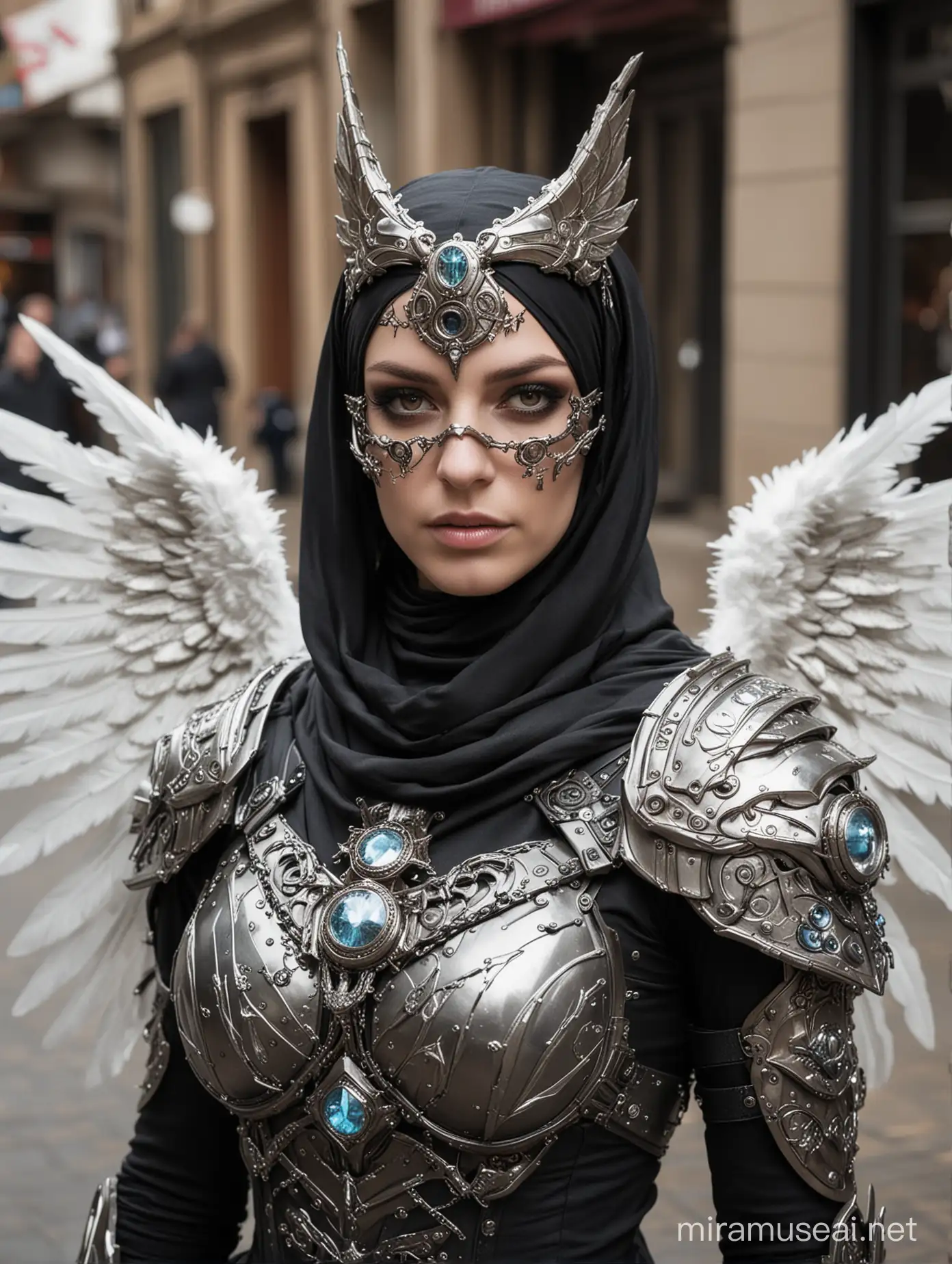 Street photo shoot fullbody Steampunk Warcraft armor, burka,beautiful angel wings, walk on city street,angry,malicious, goddess, warrior girl, crystal, broken glass, jewelry, ornements, starcraft, magical orbe, cat eyes,white face,scifi, technology, photography