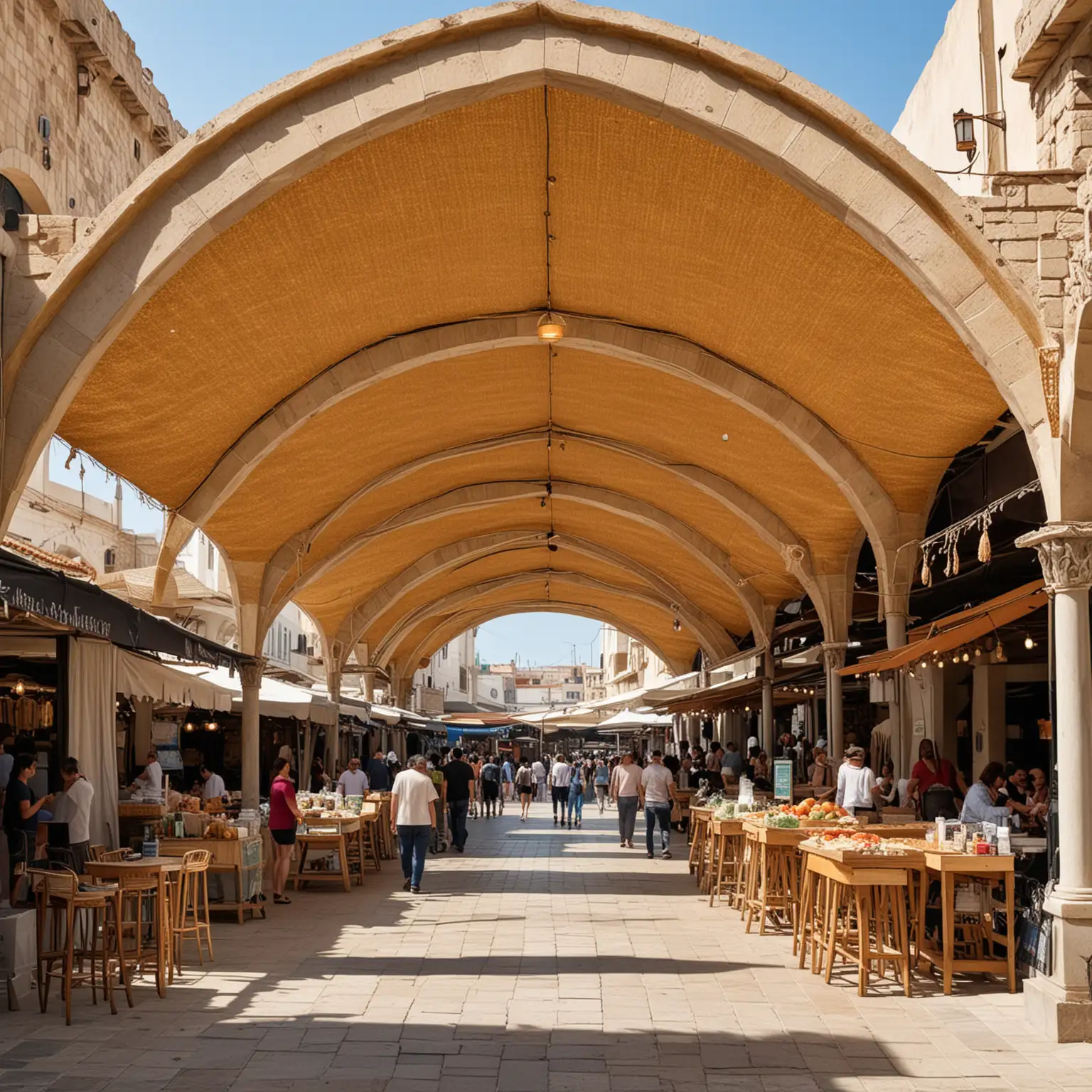 byzantine style shade structure covering and open public marketplace with people shopping.
