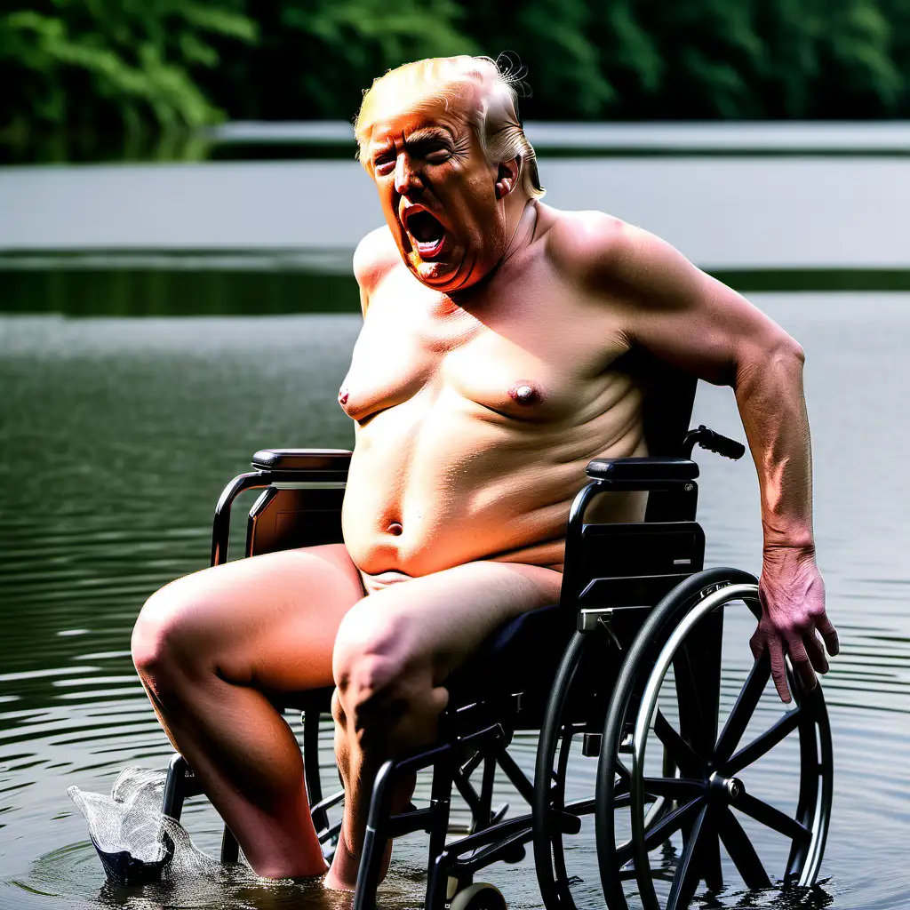Donald Trump drooling naked wearing panties in a wheelchair retarded drowning in a pond
