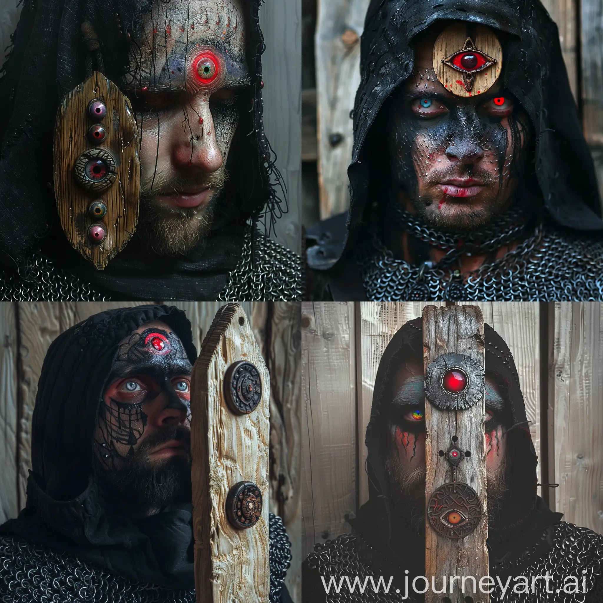 The guy with the red eye painted on his forehead, chainmail, black hood. wooden amulet with red eye, painted colored eyes on face. art