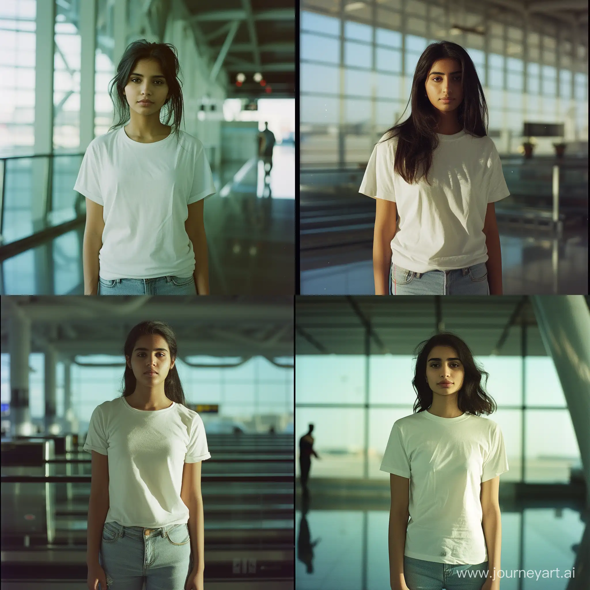 18 year-old saudi woman standing in the airport. She's wearing a white t-shirt.  And short jeans shot on kodak gold 400