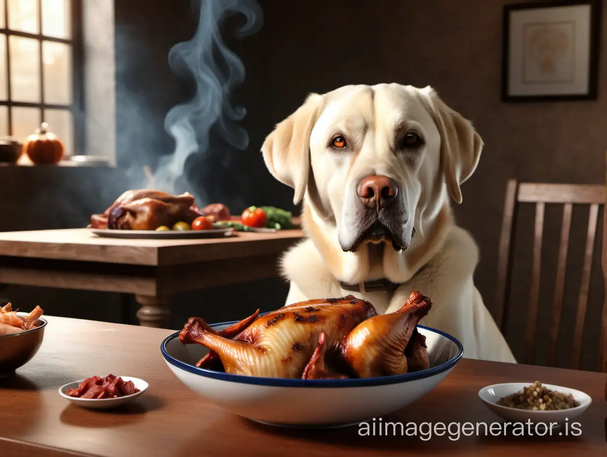 Labrador dog sitting at the table in front of a bowl of smoked chicken, Shutterstock winner, photorealism, stylized 3d rendering, Alexey Egorov, Greg Rutkowski