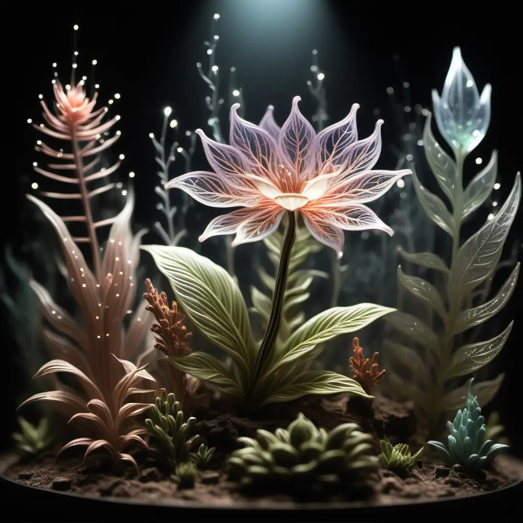 envision a picture of delicate and detailed nature blooming with otherworldly plant life and sprinkled with glimmers of light

