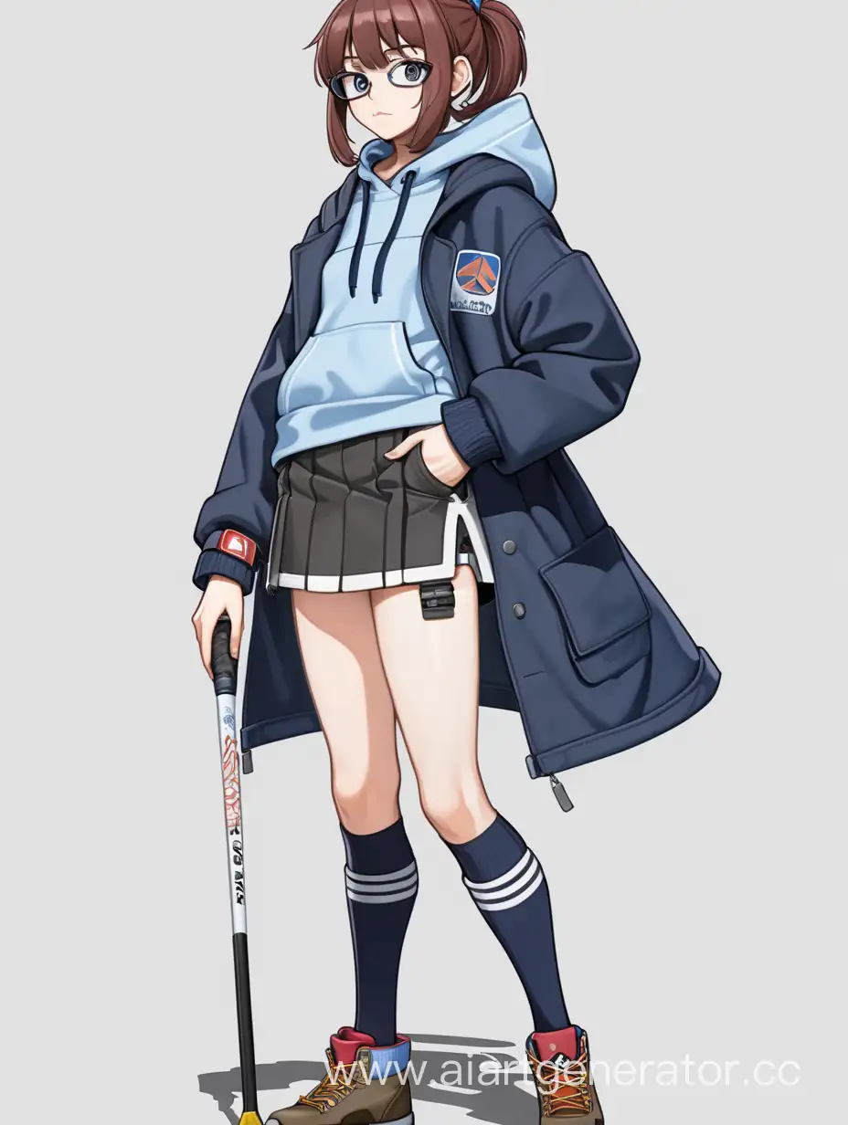 full body perspective and standard pose with one hand in her pocket and the other holding a club of a short anime girl wearing a black skirt, rolled down thigh-socks, steel toe boots, a dark blue heavy tactical coat over a hoodie and a light blue arm band over the left sleeve. She has a auburn hair styled like Mitsuha.

white background.