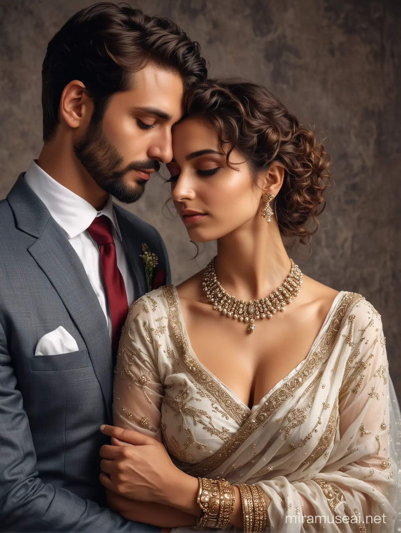 Elegant Indian Couple Embracing with Deep Emotion in Bridal Attire