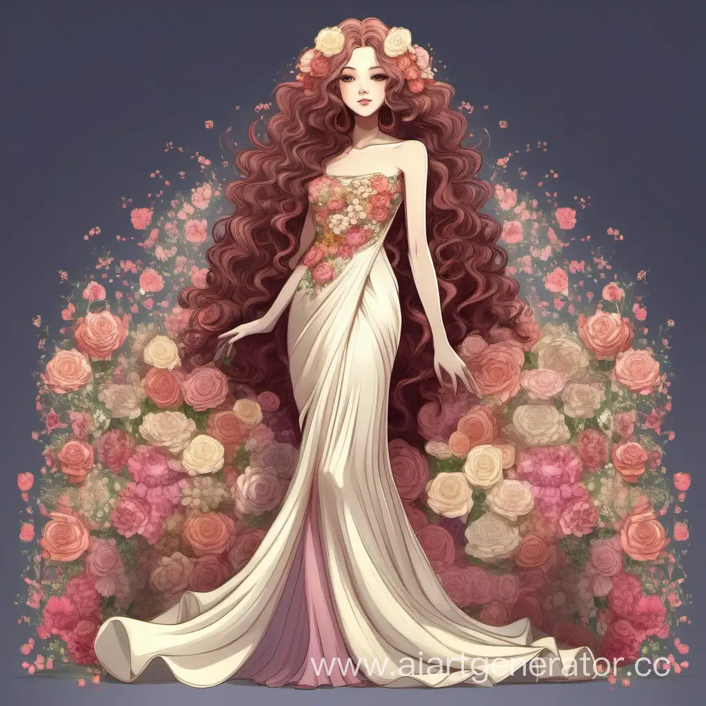 idol girl in a long dress made of flowers and long curls