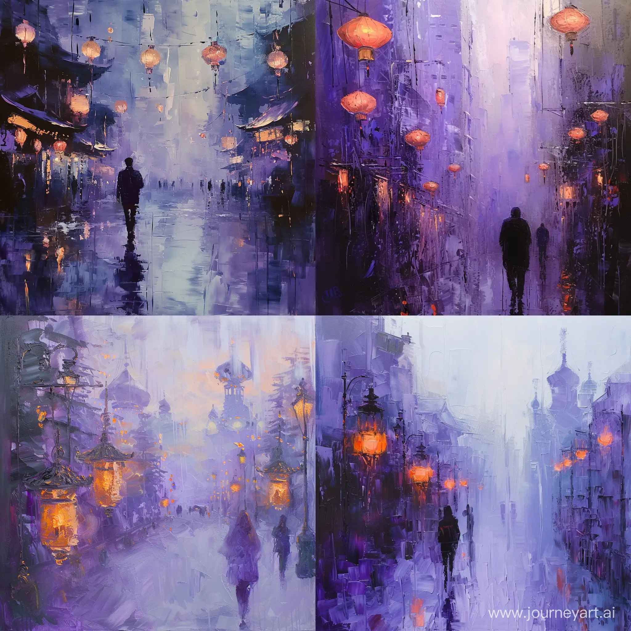 картина акрилом, реалистичный, чёткий, фиолетовые цвета, город, атмосферный, реалистичный, мазки, фонари, человек, русский вайб