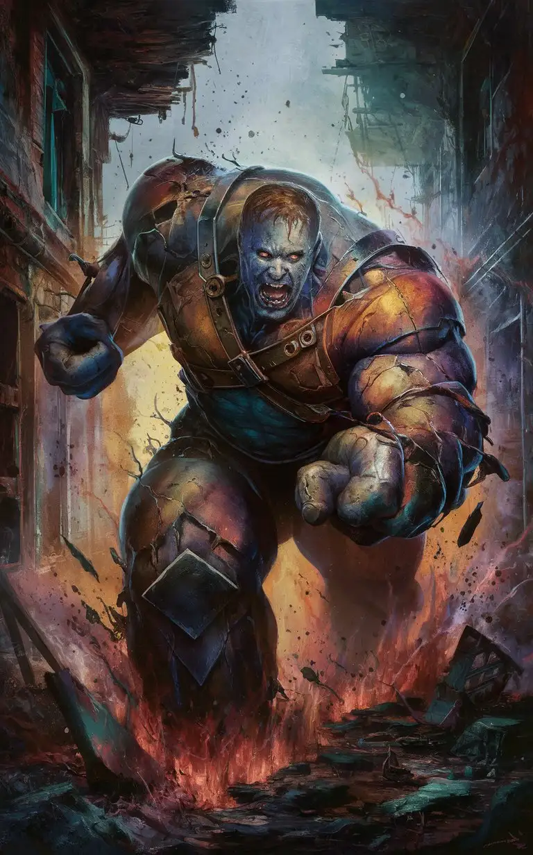 "Capture the unstoppable force of The Juggernaut, a hulking mass of twisted metal and rage. Depict him rampaging through a crumbling asylum, his spectral form leaving destruction in its wake as he searches for his next victim."perfect form, perfect composure, perfect form,Studio Photography, Painted with Vibrant Oils, (Illustration)