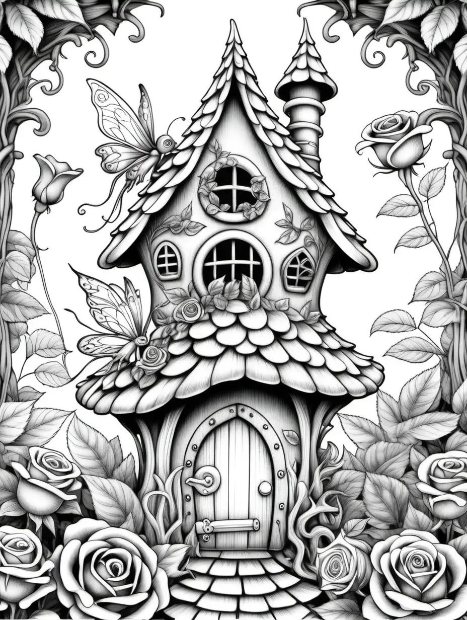 adult coloring book, fairy homes,  high detail,  no shading, roof flower,  fantasy, roses