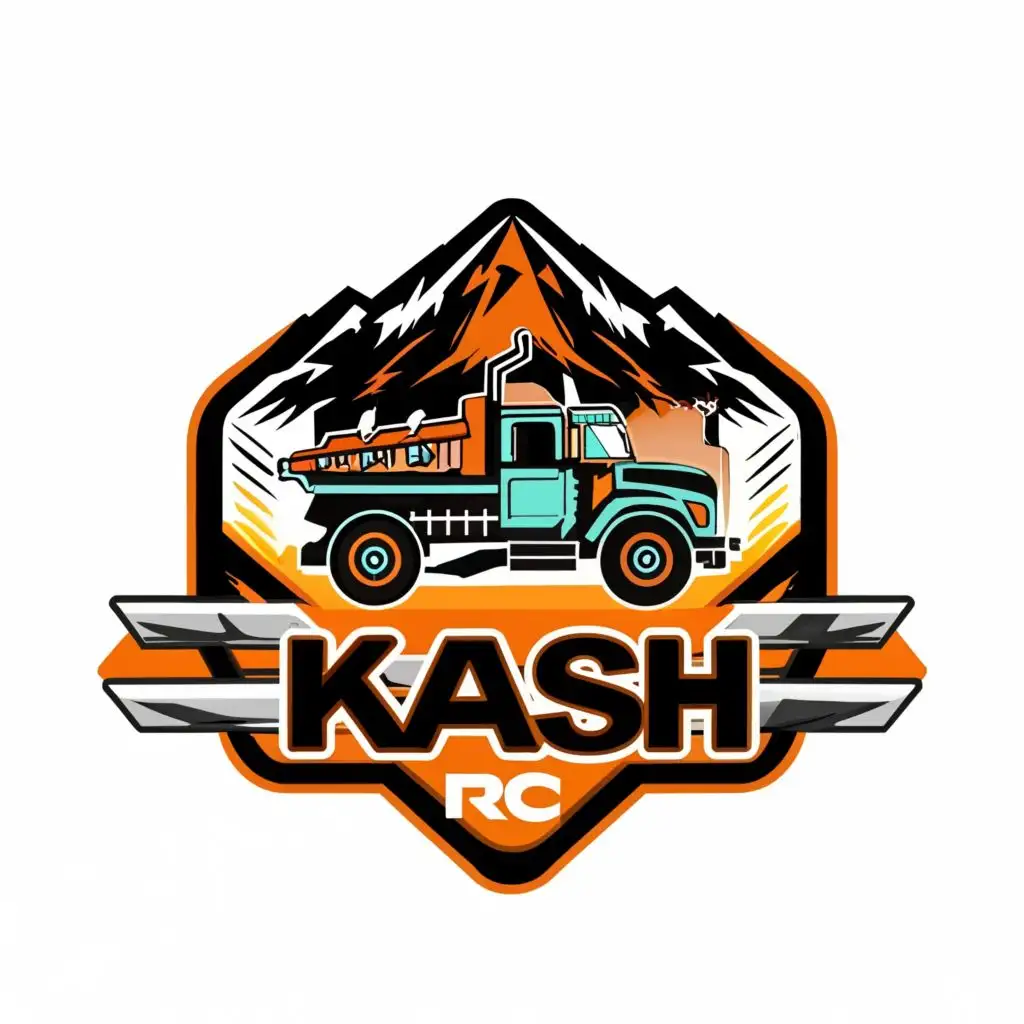 logo, TRUCK IN THE MOUNTANTS WITH NEON COLORS, with the text "KASH RC", typography, be used in Automotive industry