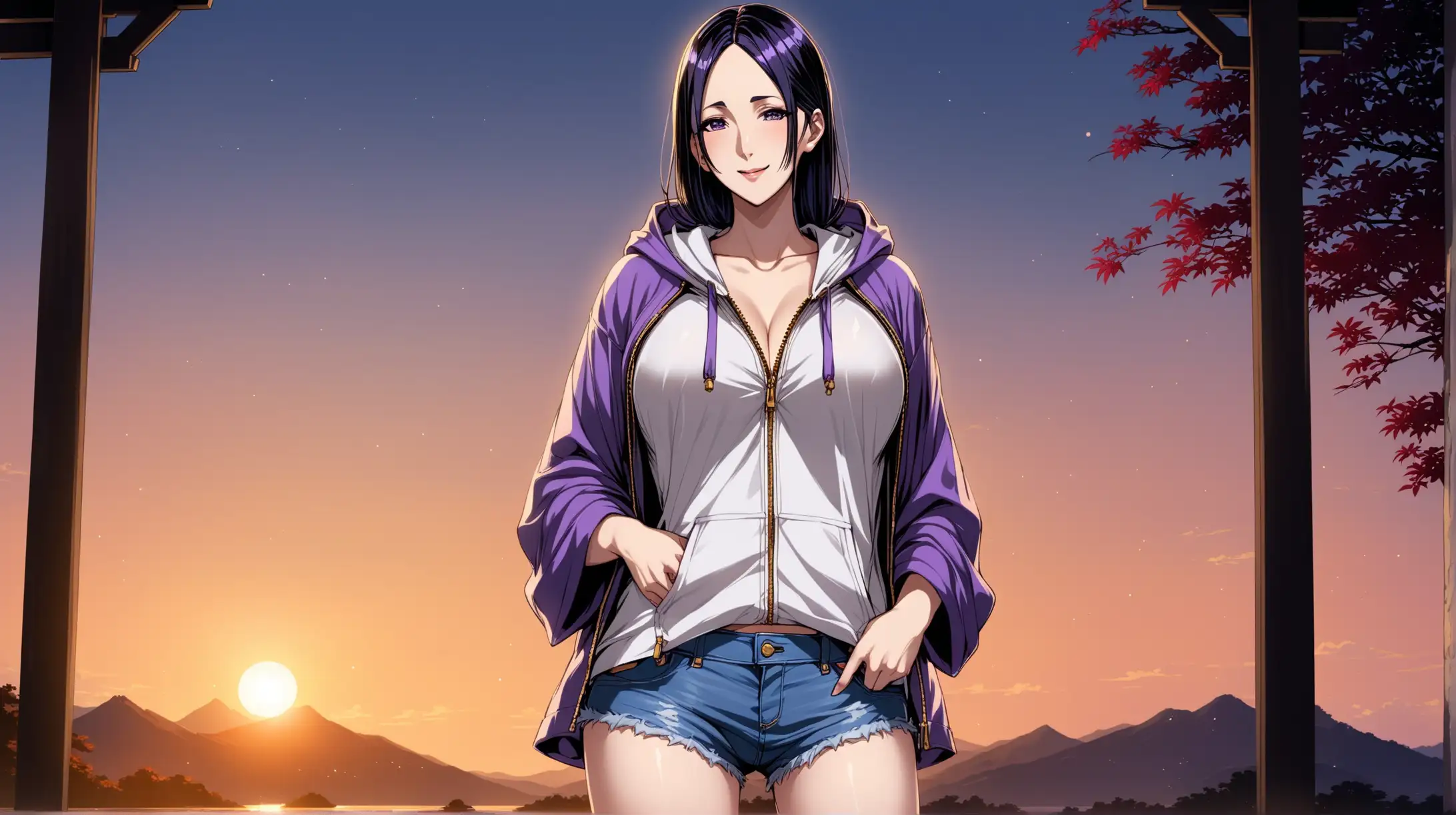 Draw the character Minamoto no Raikou, high quality, dim lighting, long shot, outdoors, standing, seductive pose, jean shorts and an unzipped open hoodie with white shirt underneath, flirtatious smile